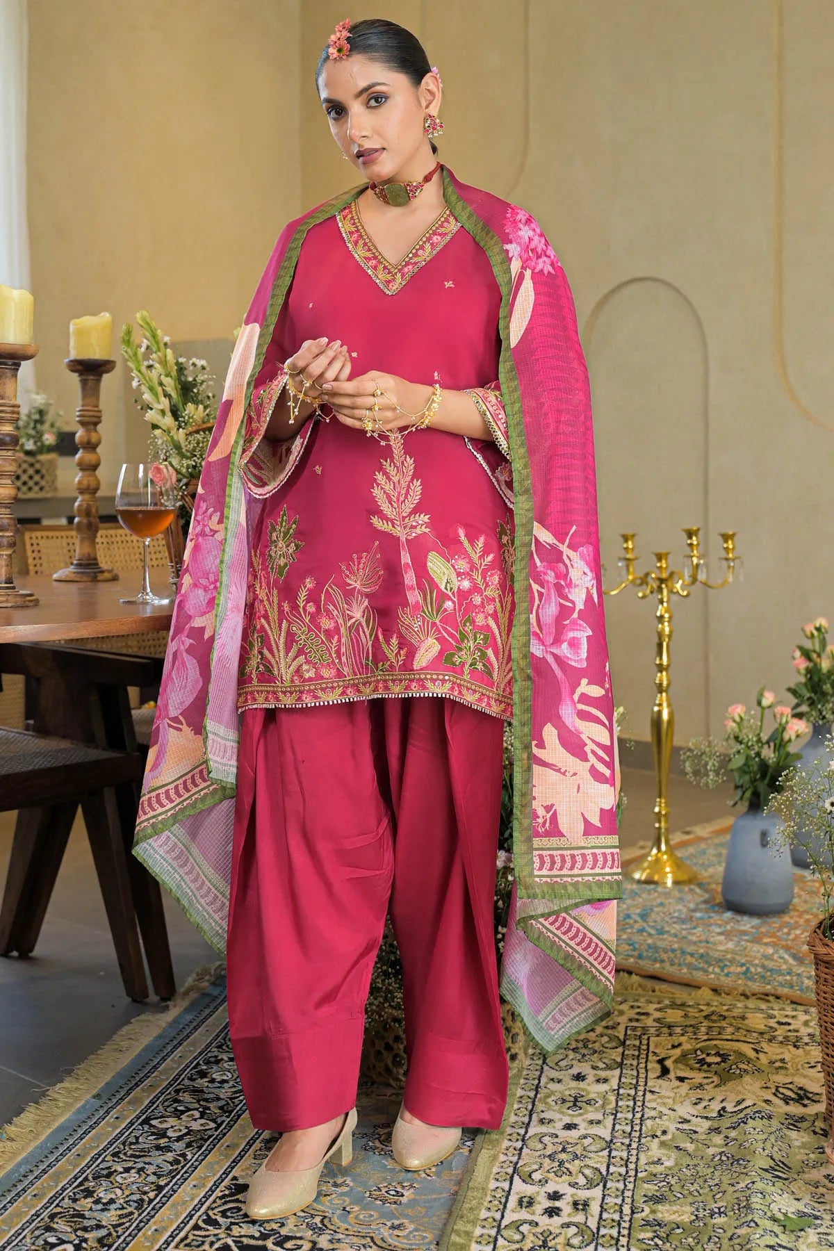 Pink Chanderi Embroidered Farsi Salwar Set | Bairaas