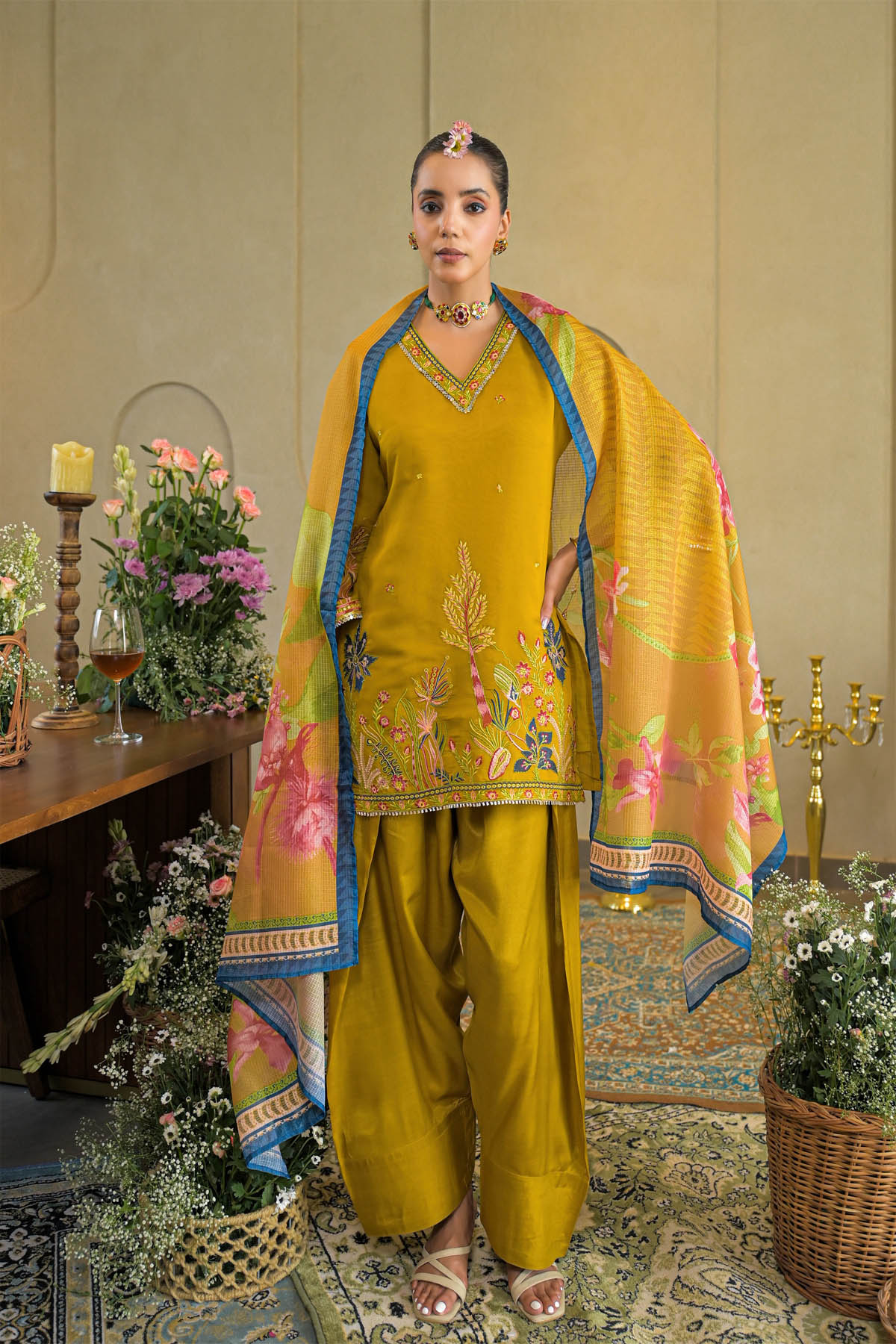 Mustard Chanderi Embroidered Farsi Salwar Set