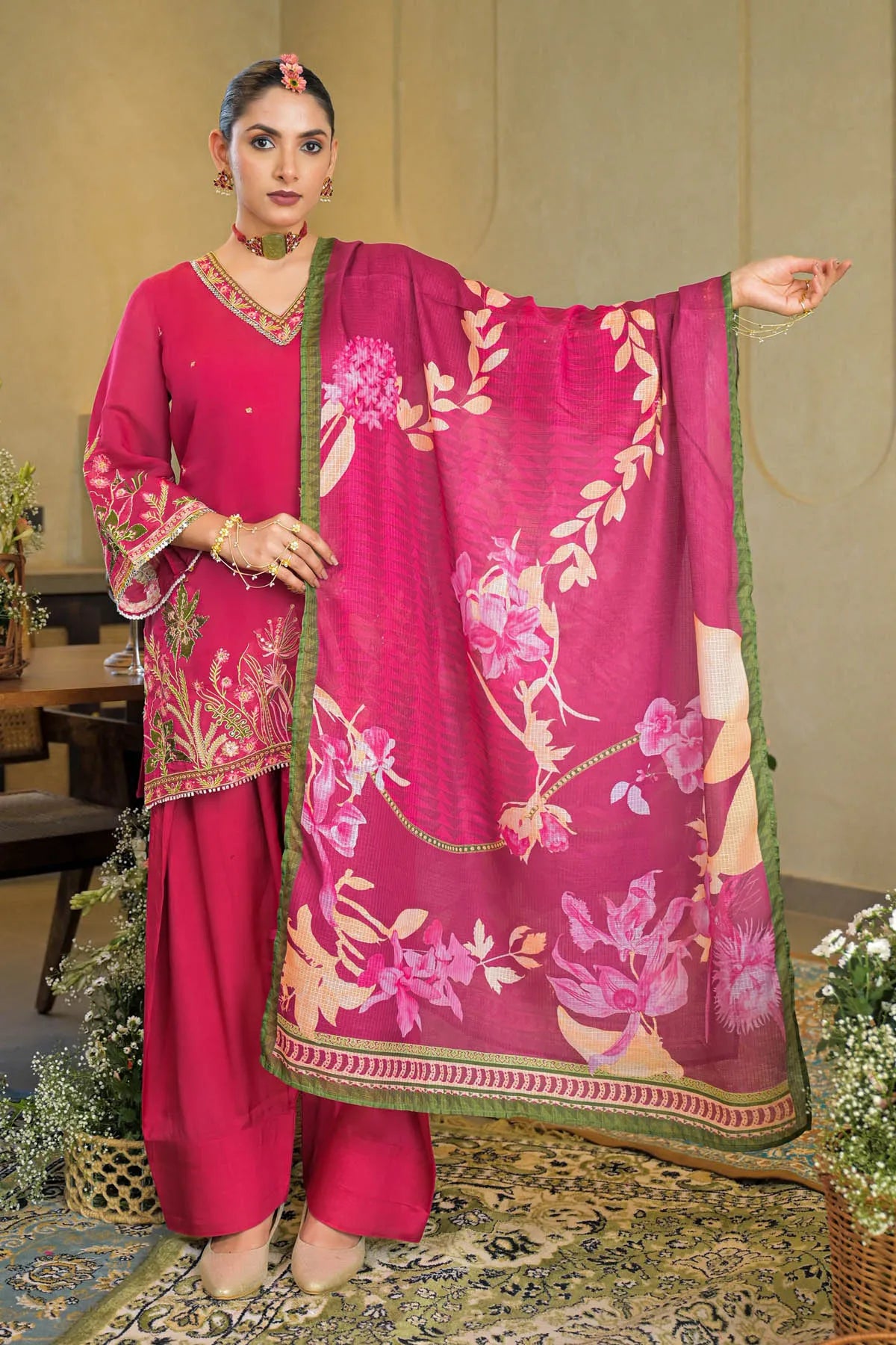 Pink Chanderi Embroidered Farsi Salwar Set | Bairaas