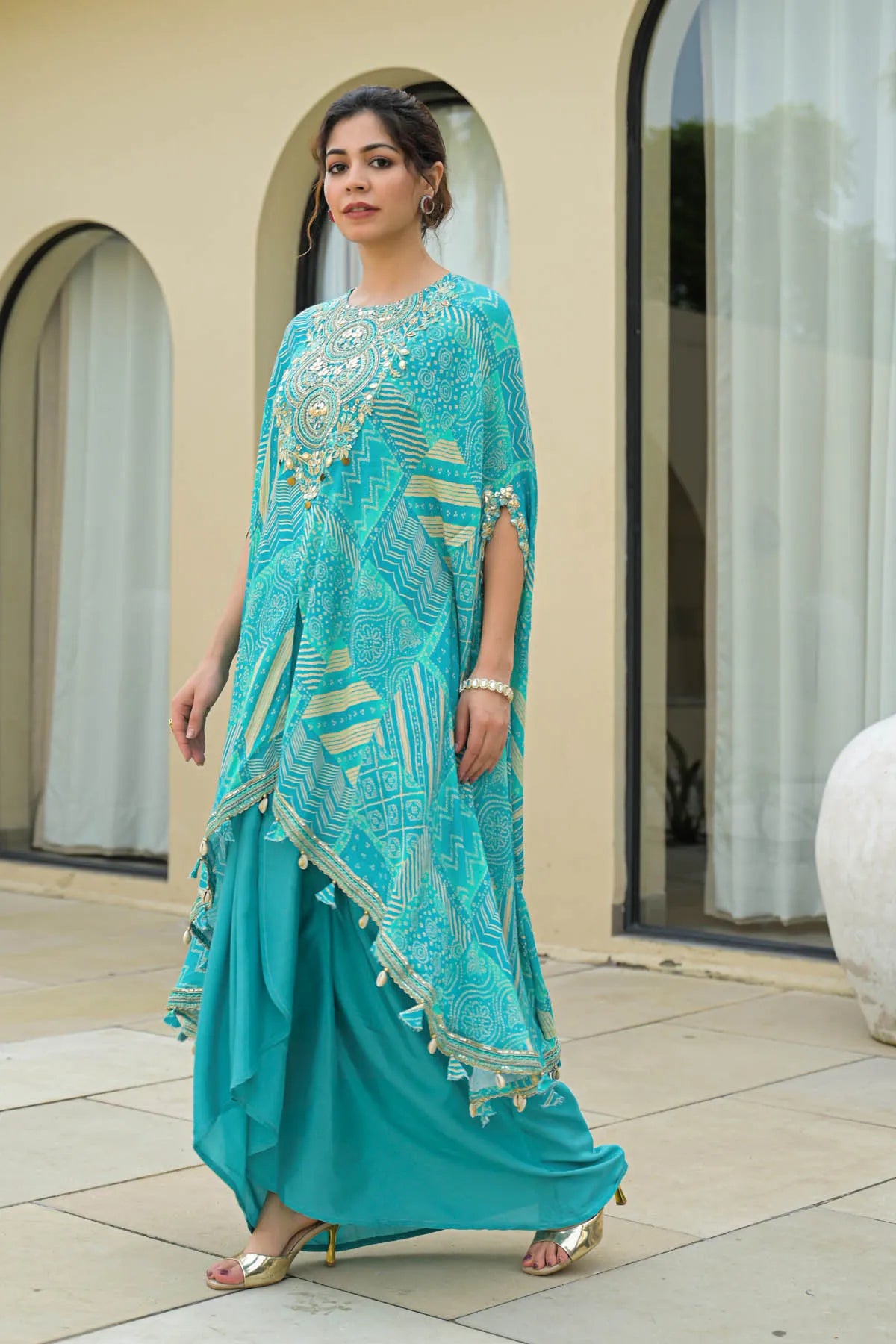 Sky Muslin Embroidered Western Dress