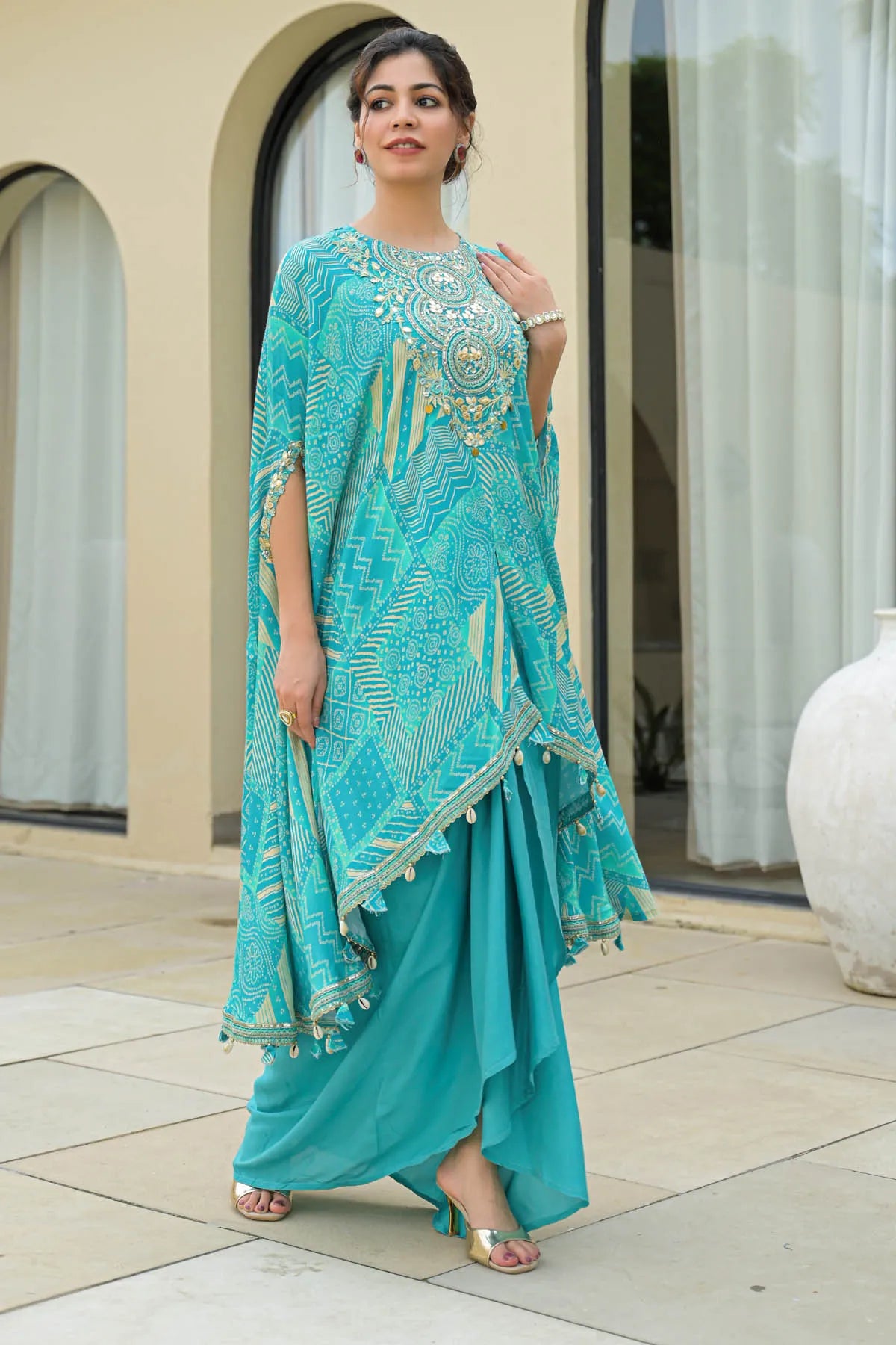 Sky Muslin Embroidered Western Dress