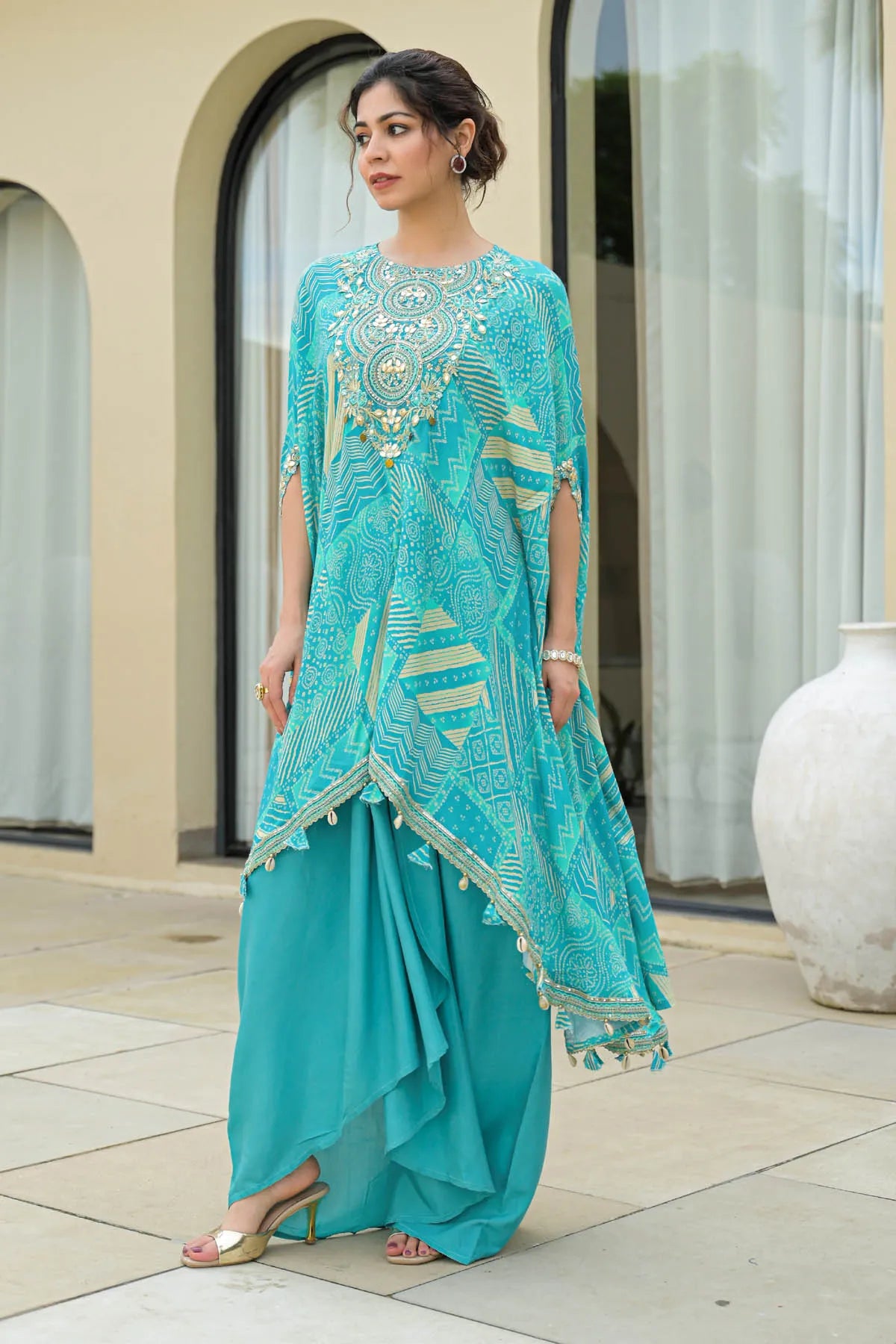 Sky Muslin Embroidered Western Dress