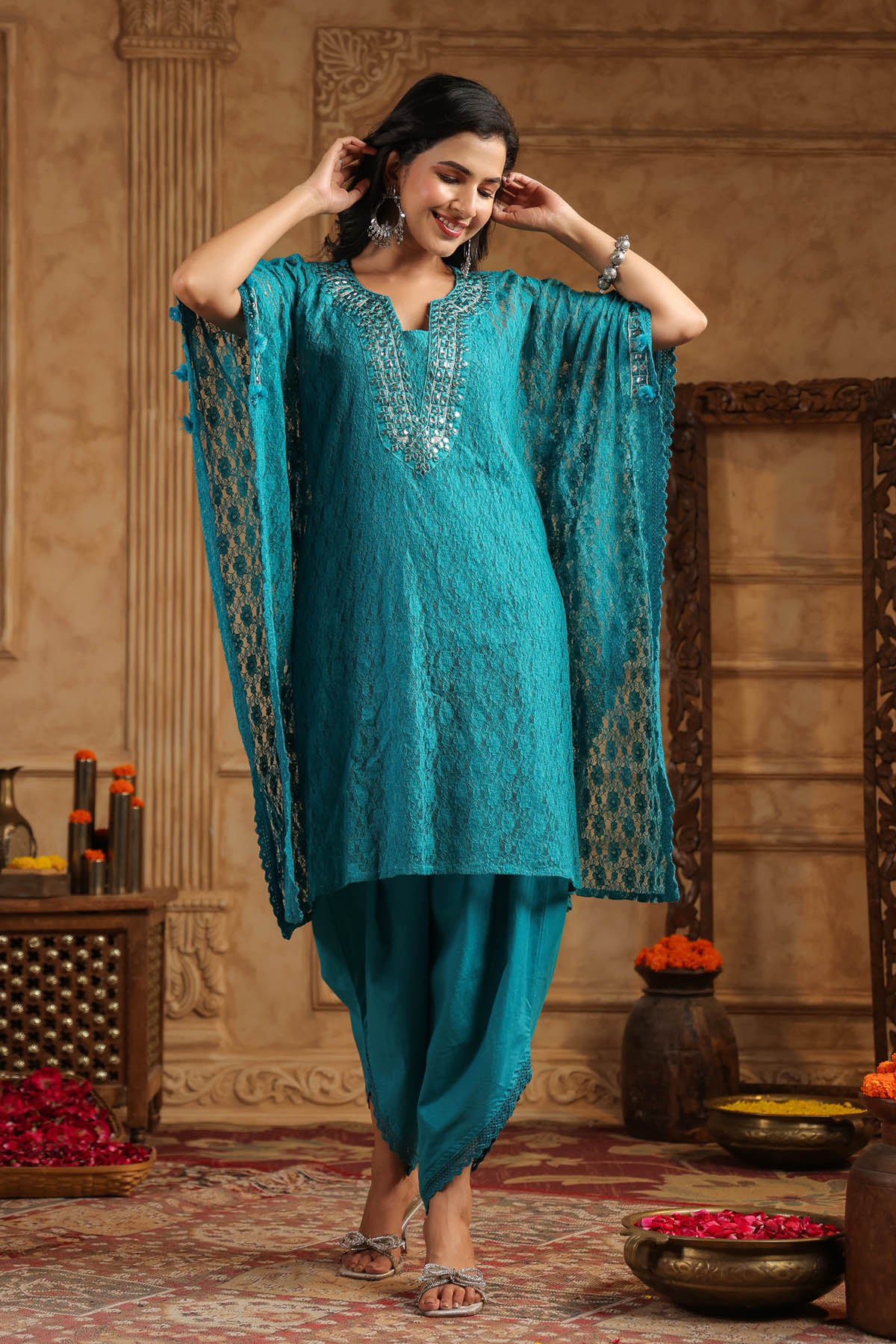 Blue Schiffli Net Kaftan Set With Potli Bag