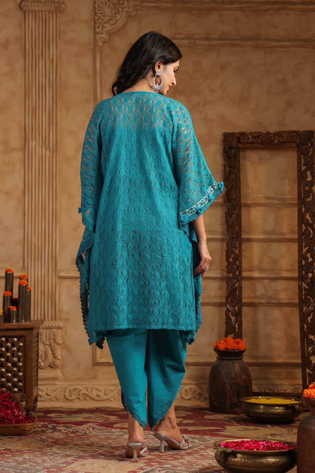 Blue Schiffli Net Kaftan Set With Potli Bag