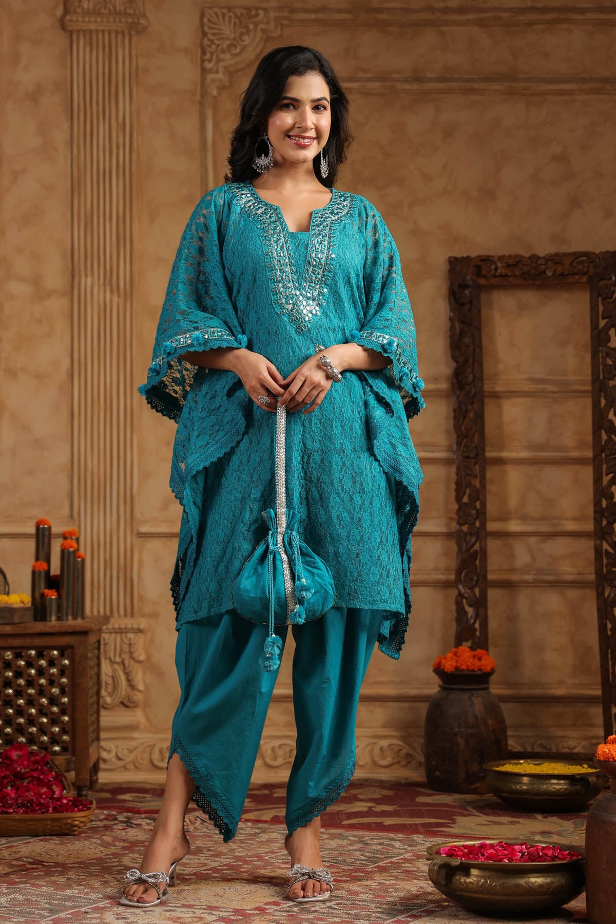 Blue Schiffli Net Kaftan Set With Potli Bag