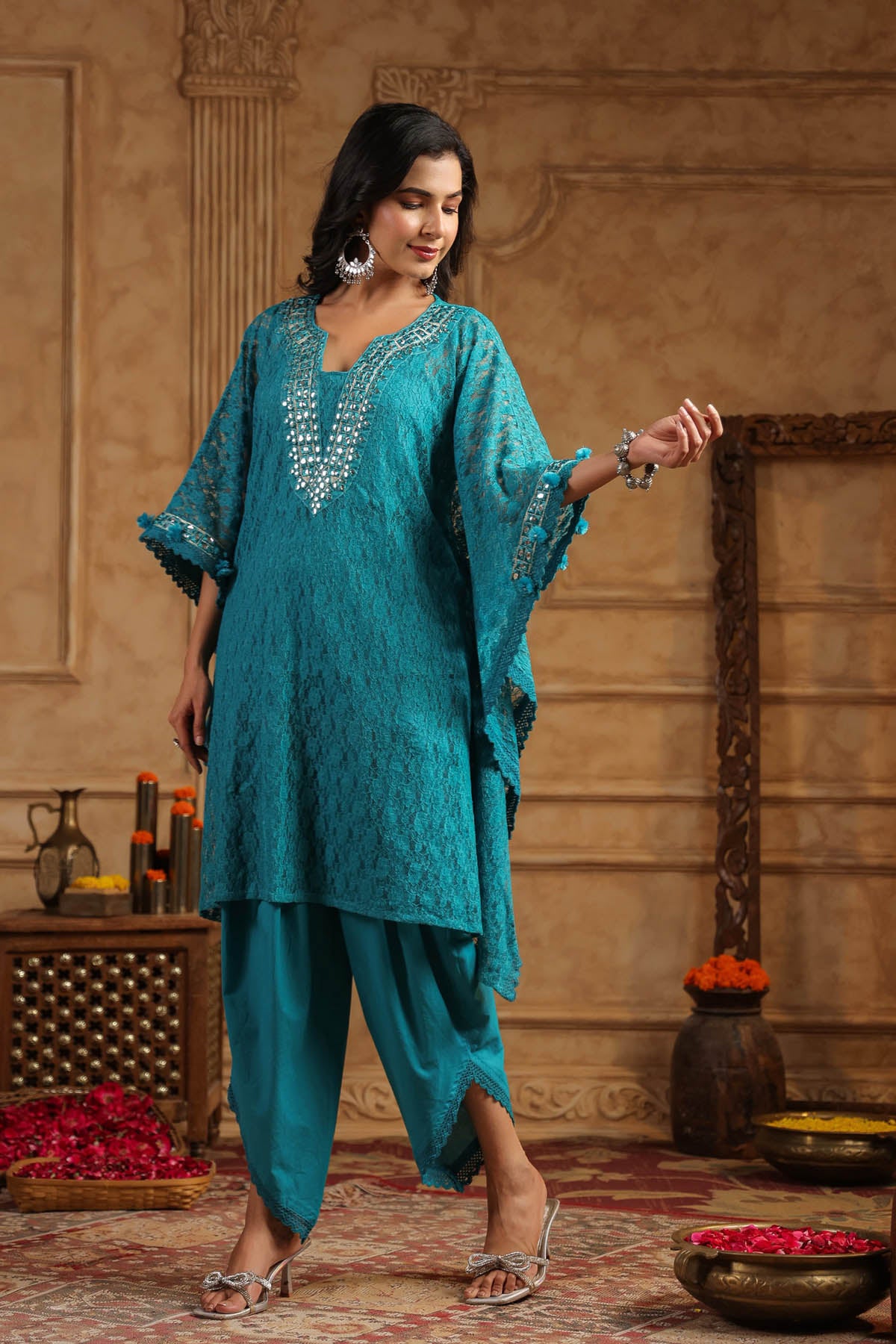Blue Schiffli Net Kaftan Set With Potli Bag