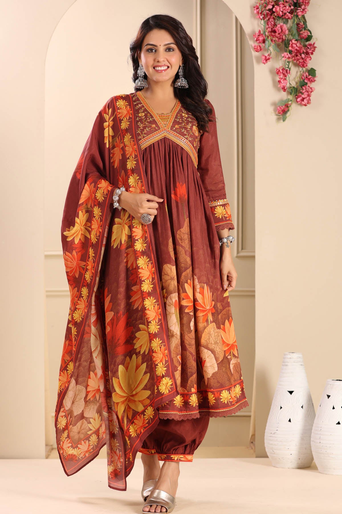 Maroon Floral Muslin Embroidered Anarkali Suit