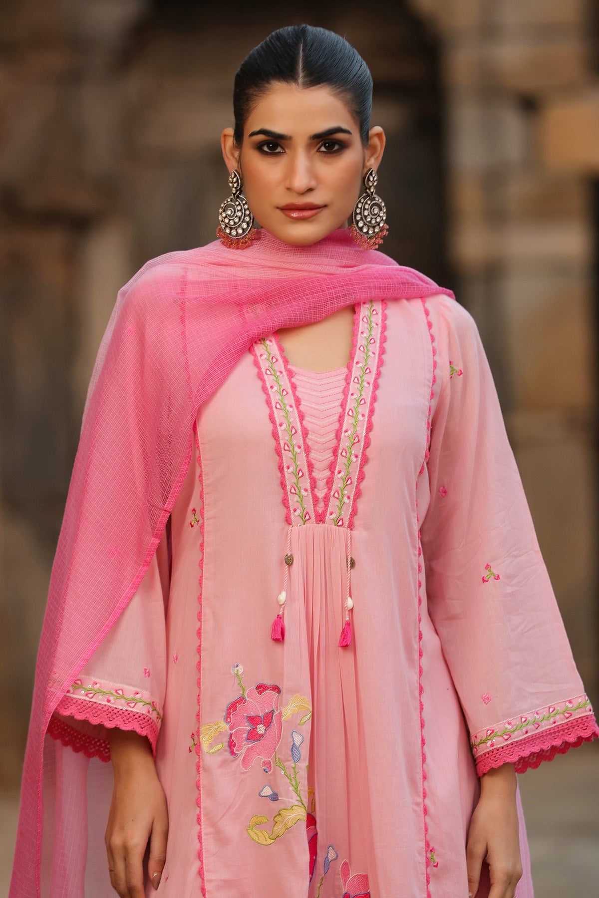 PINK MULMUL A -LINE KURTA WITH PANT AND DUPATTA