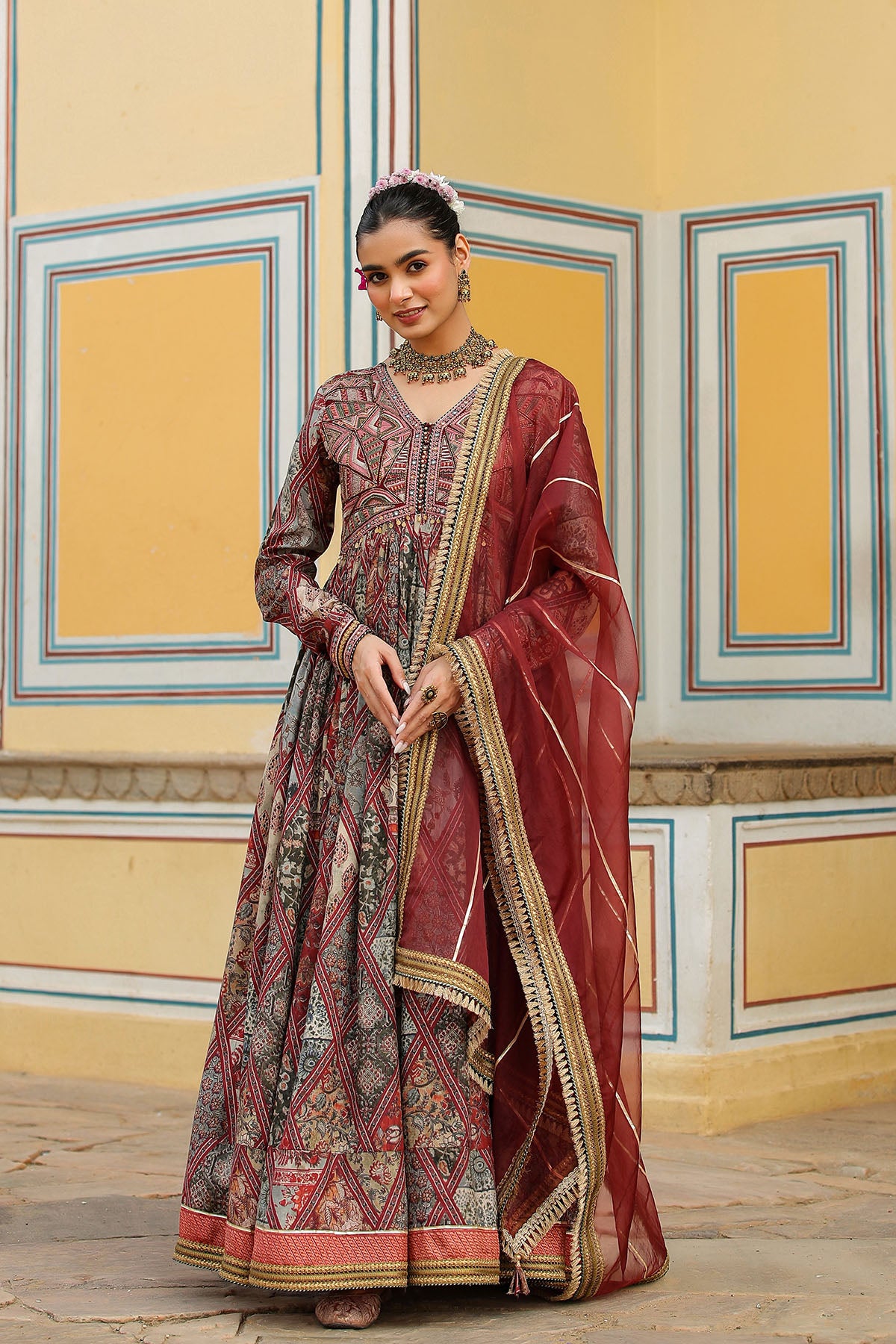 Brown Multicolor Muslin Embroidered Gown Set
