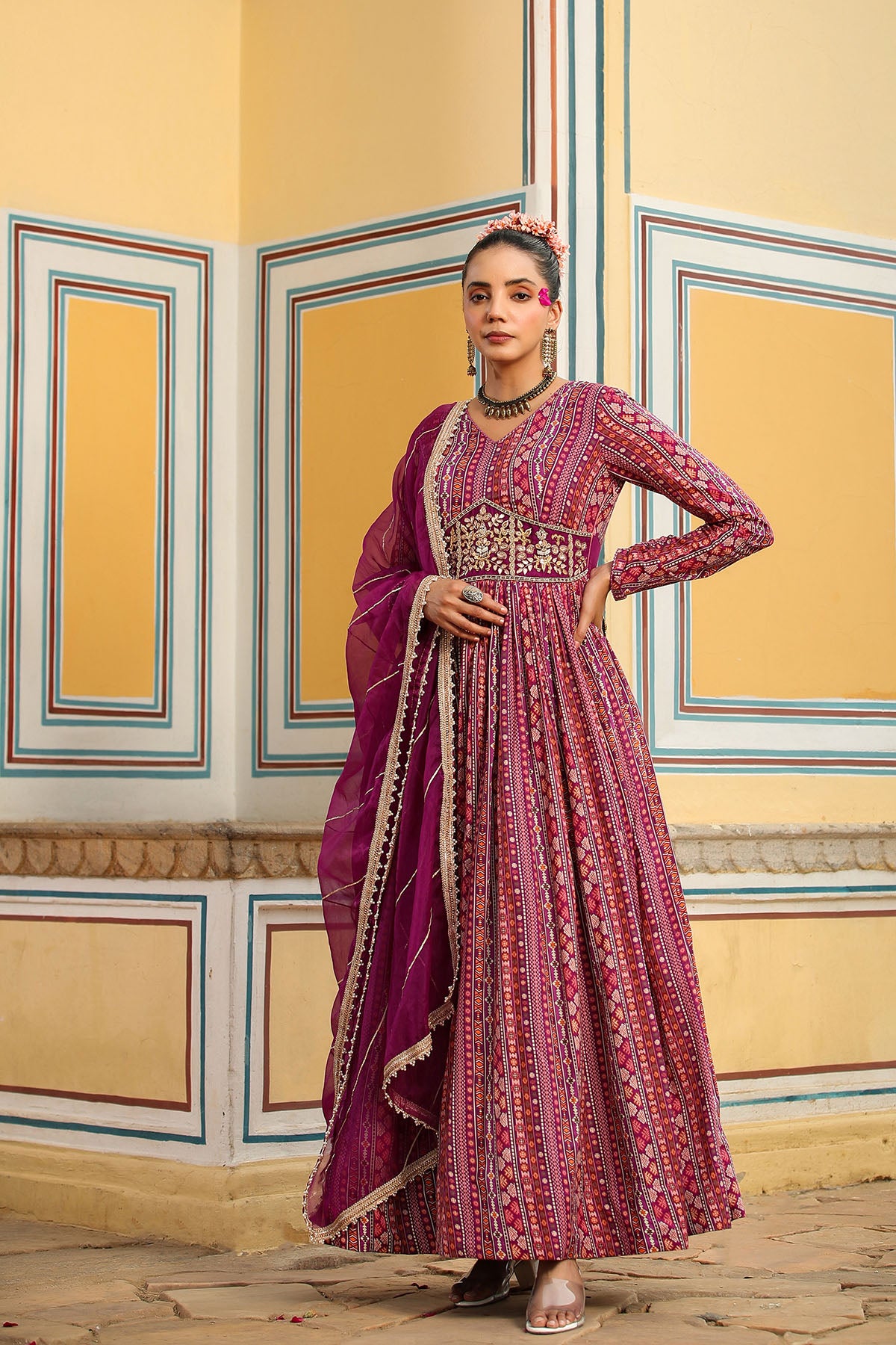 Purple Cotton Handwork Gown Set