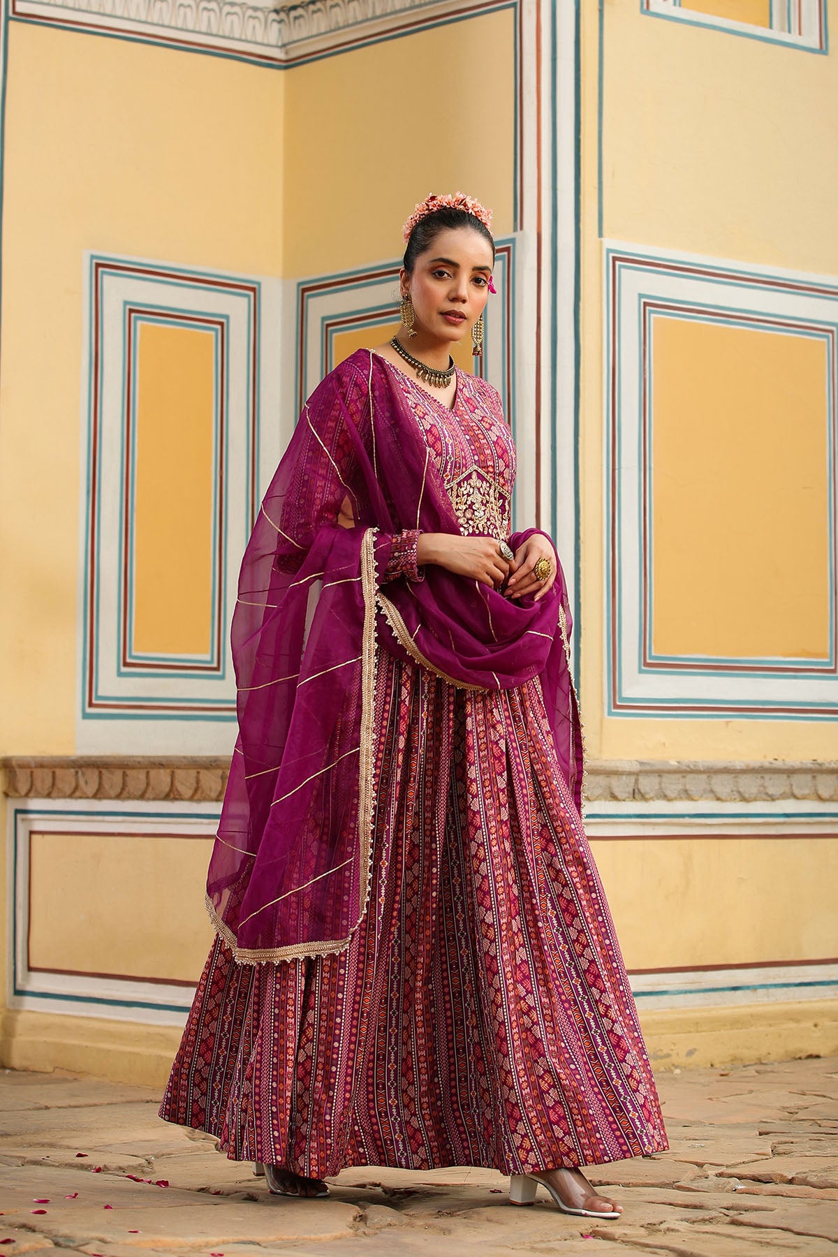 Purple Cotton Handwork Gown Set