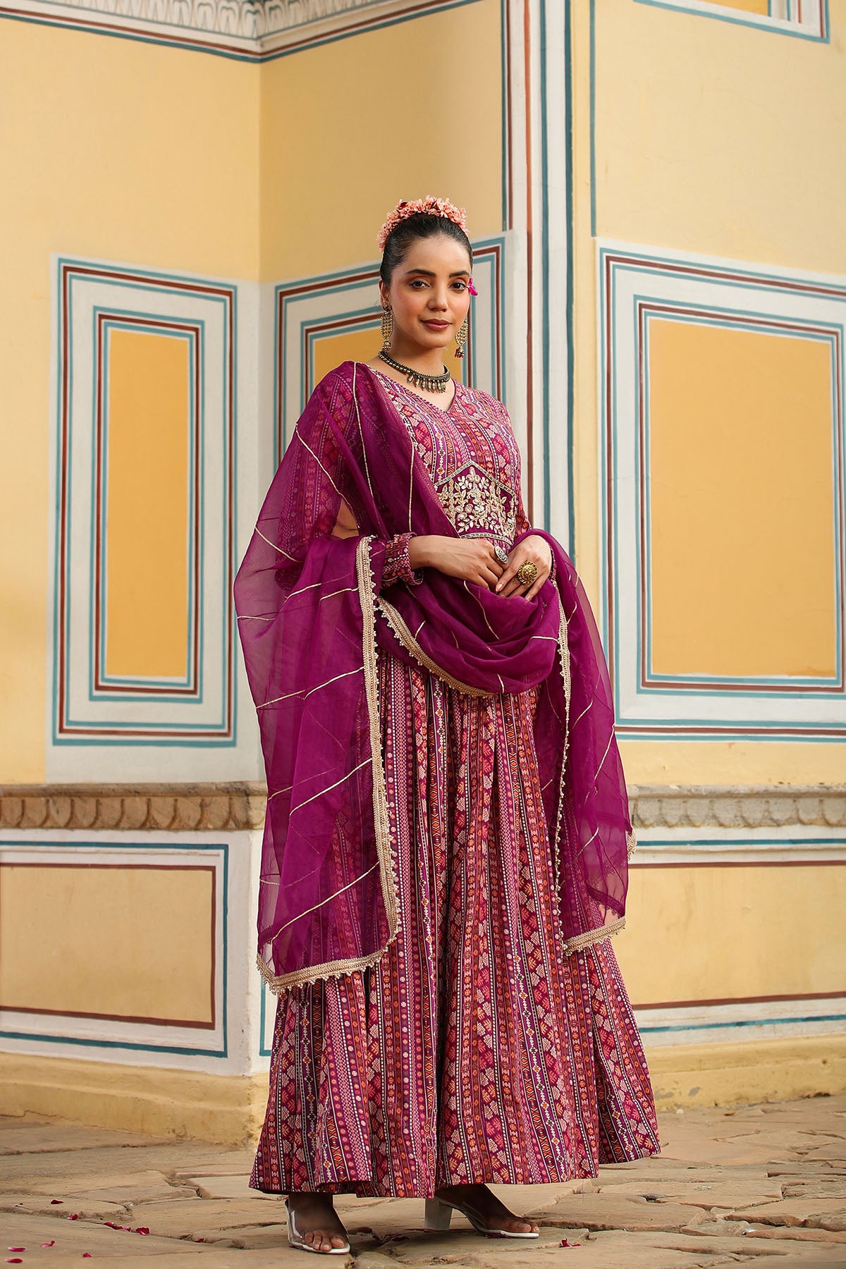Purple Cotton Handwork Gown Set