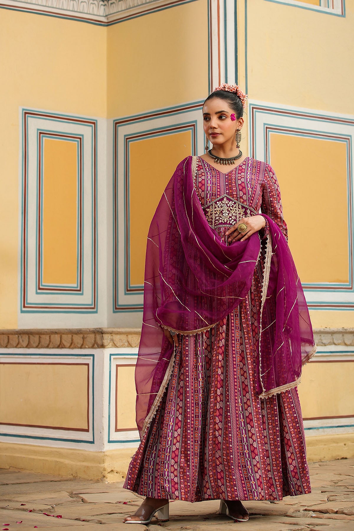 Purple Cotton Handwork Gown Set