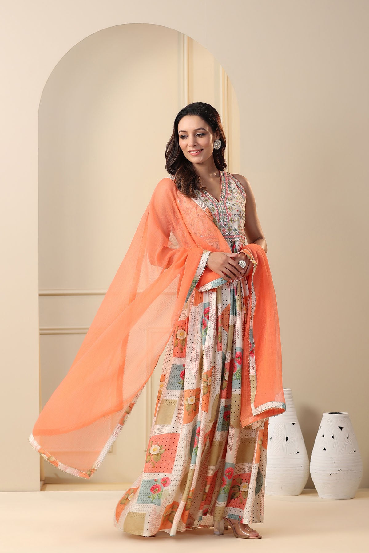 Peach Multicolour Muslin Embroidered Gown Set