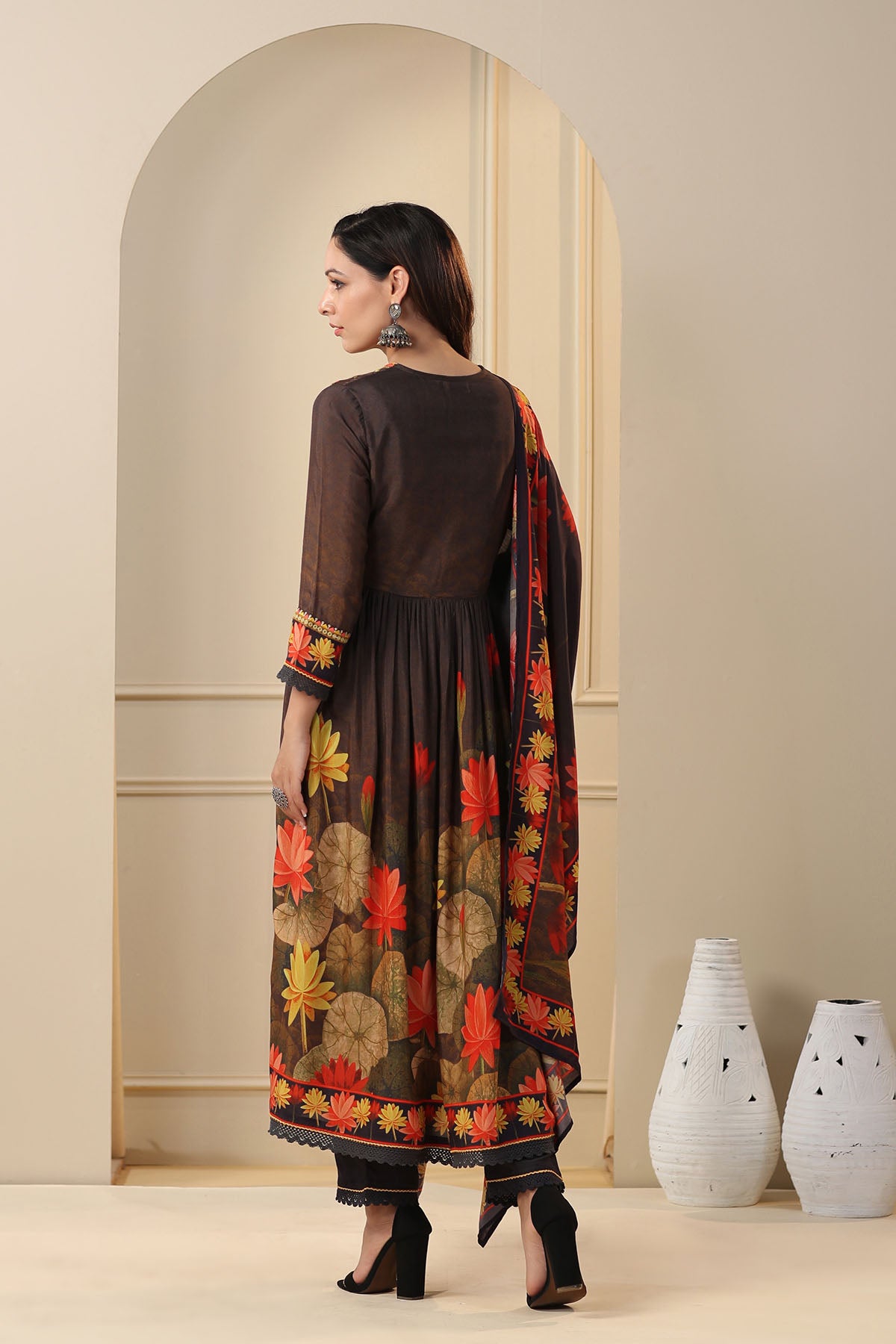 Black Floral Muslin Embroidered Suit Set
