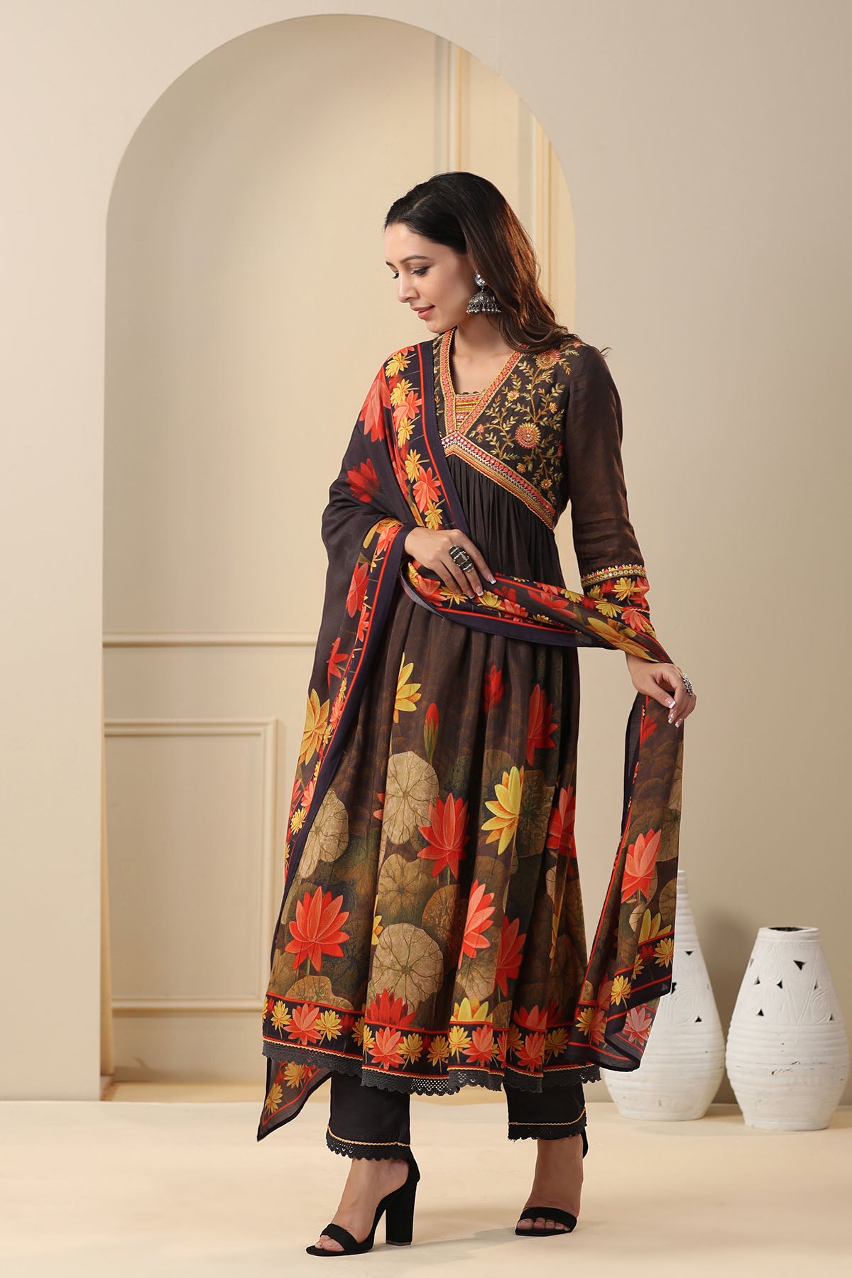 Black Floral Muslin Embroidered Suit Set