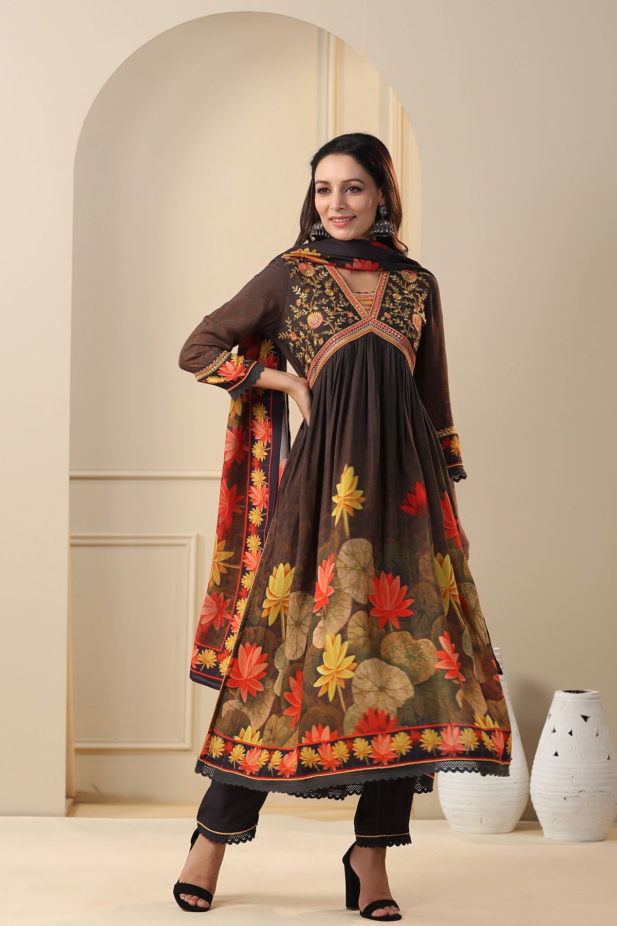 Black Floral Muslin Embroidered Suit Set