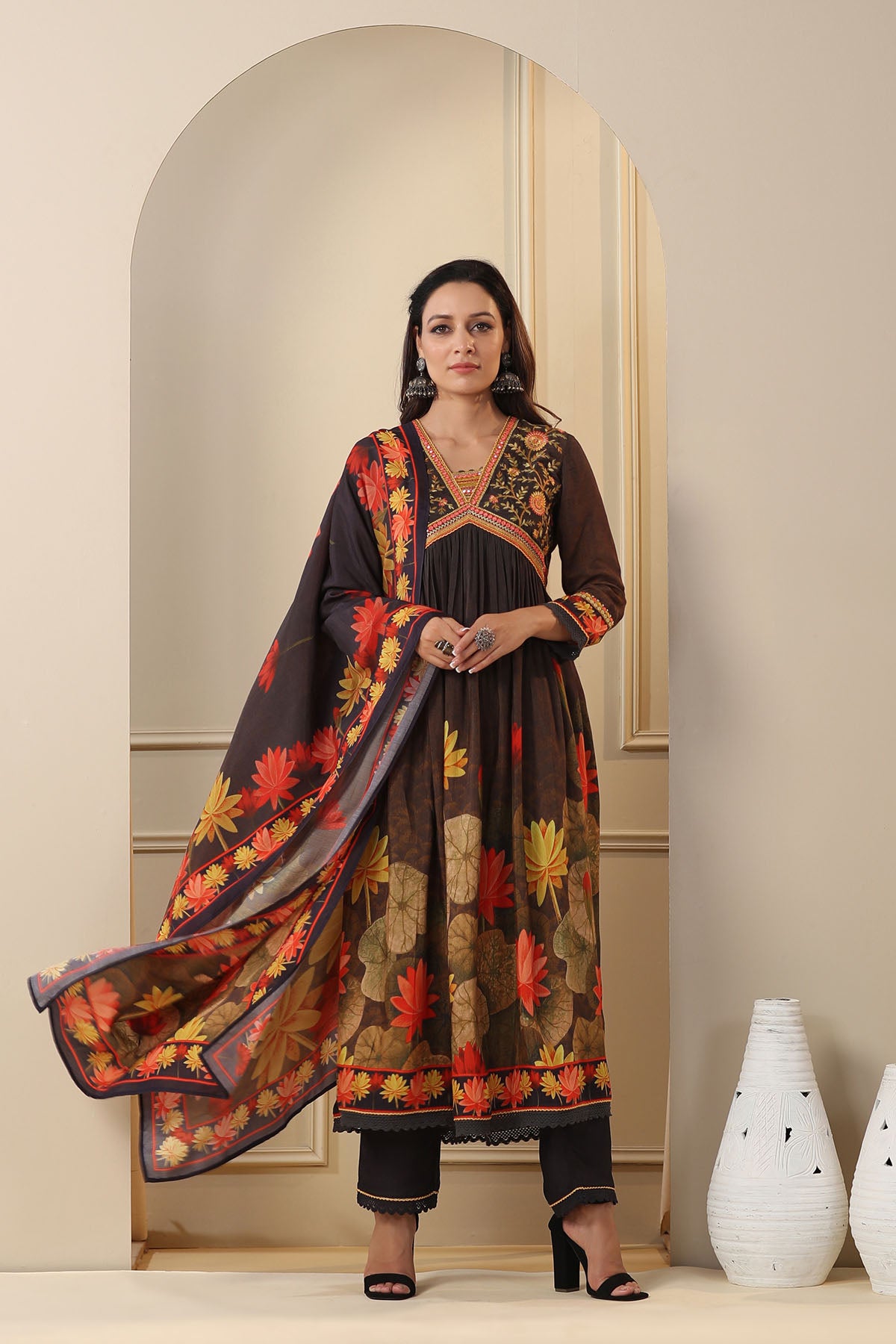 Black Floral Muslin Embroidered Suit Set