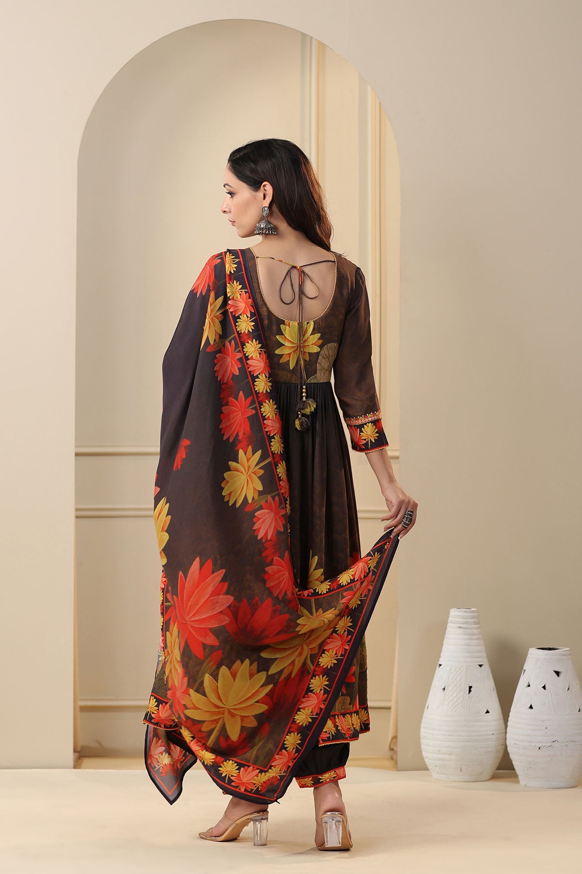 Black Floral Muslin Printed Anarkali Suit