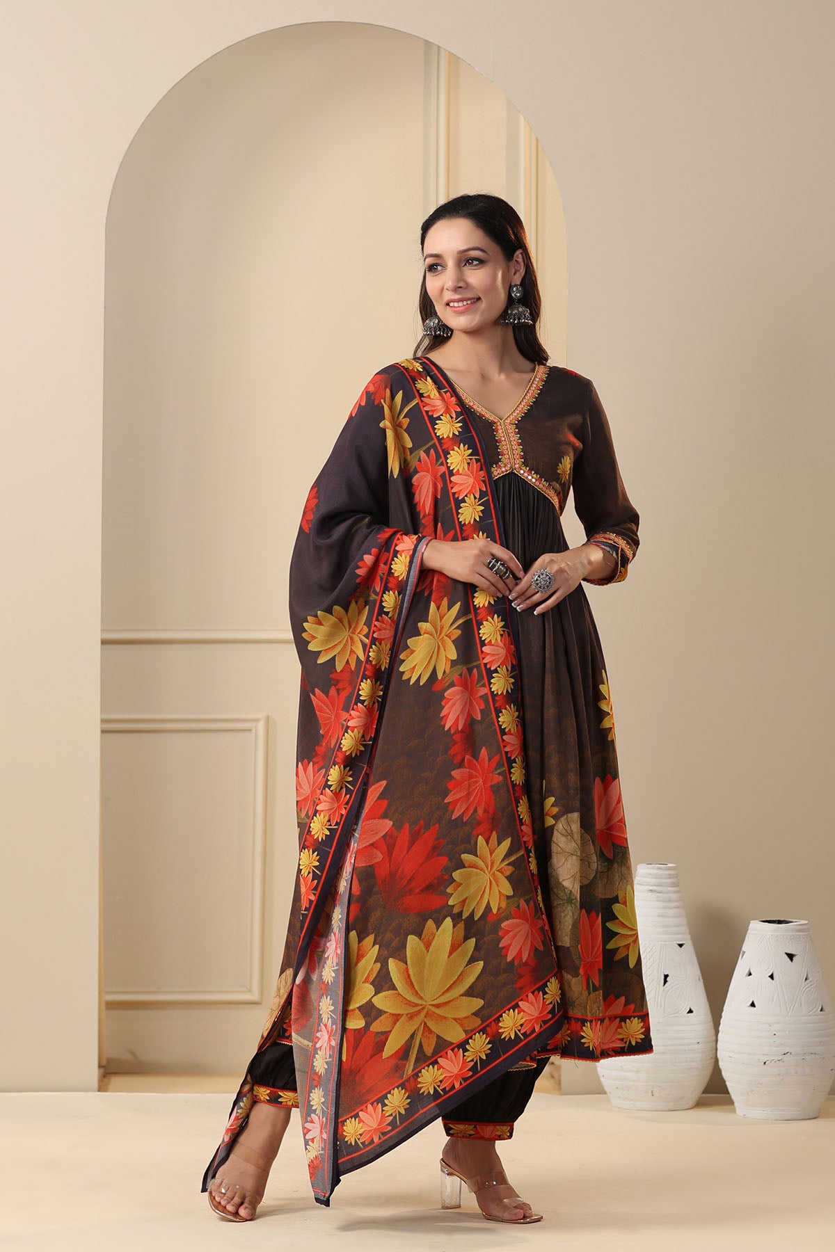 Black Floral Muslin Printed Anarkali Suit