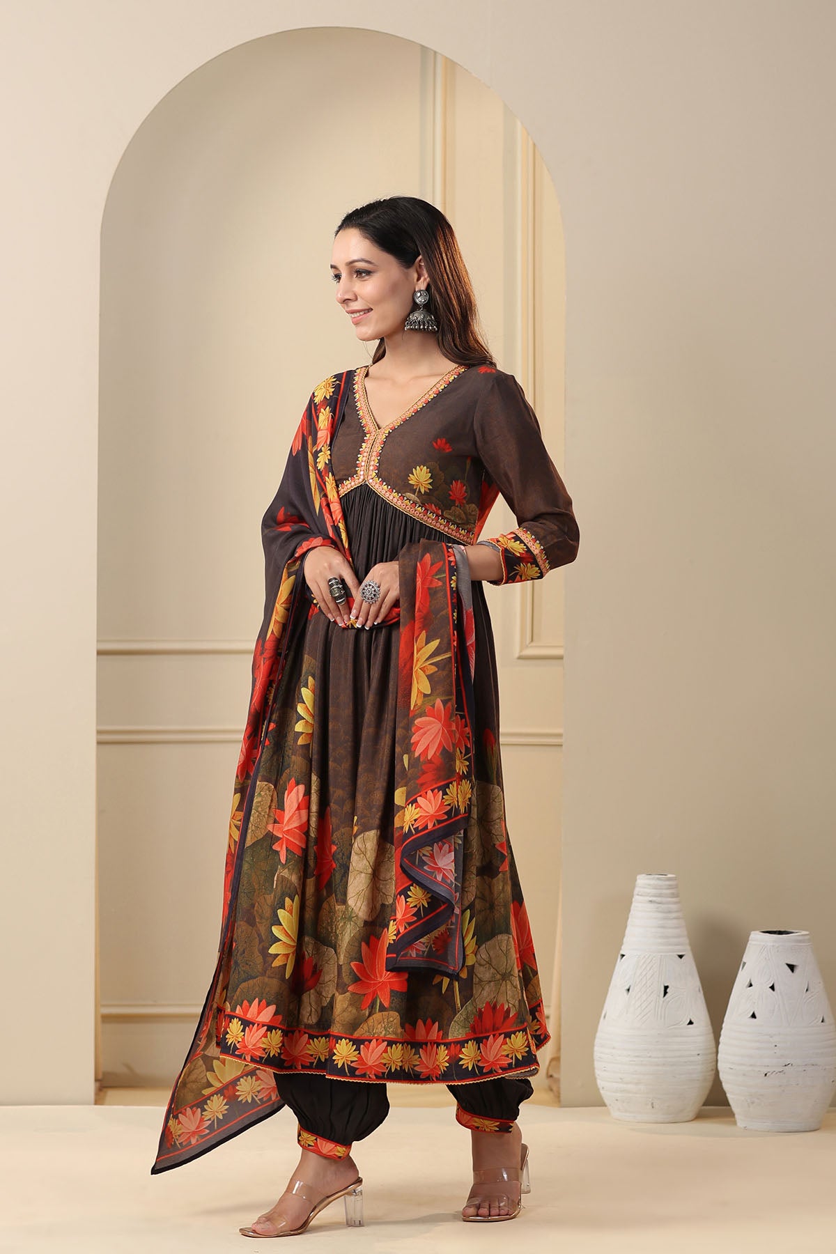 Black Floral Muslin Printed Anarkali Suit