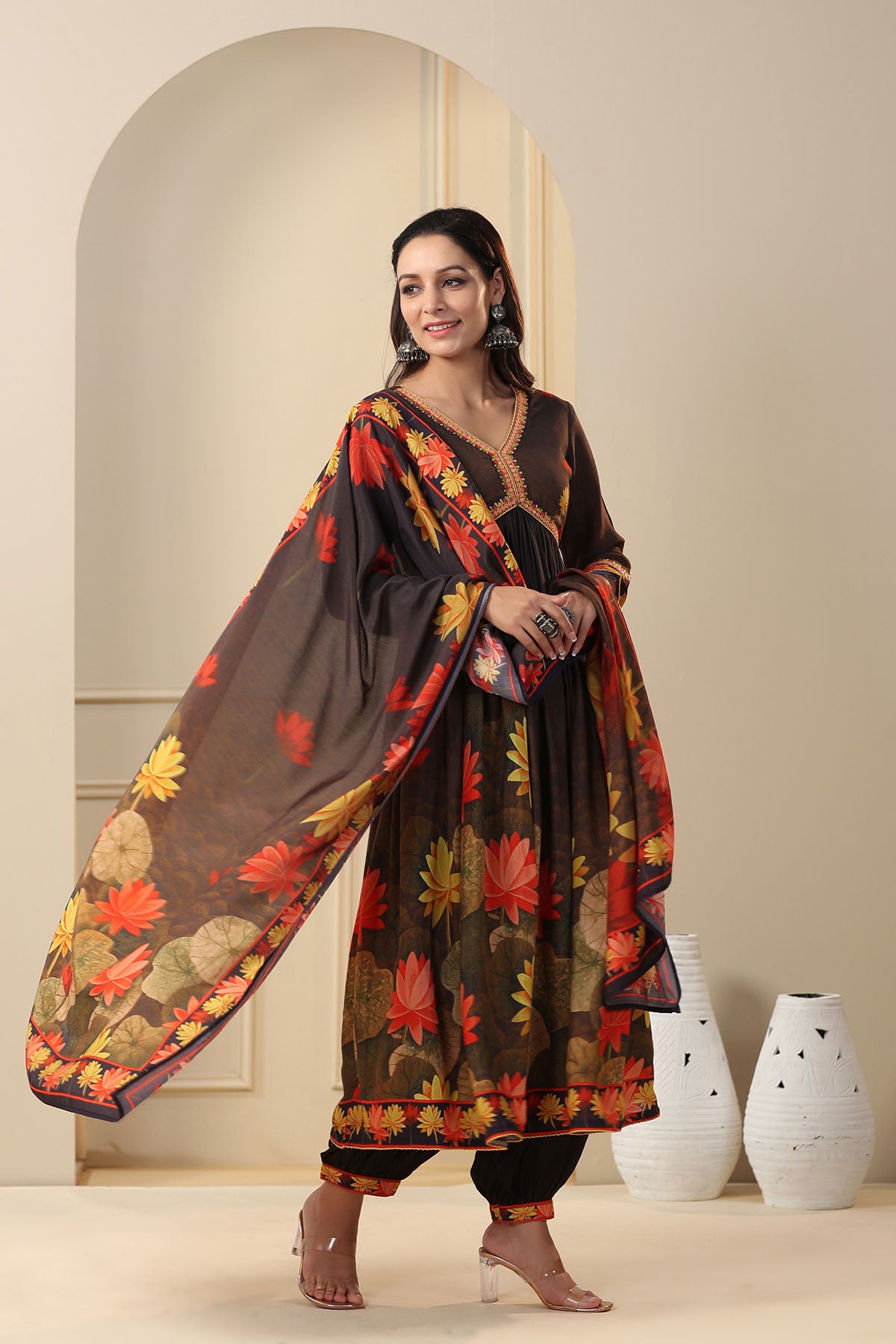 Black Floral Muslin Printed Anarkali Suit