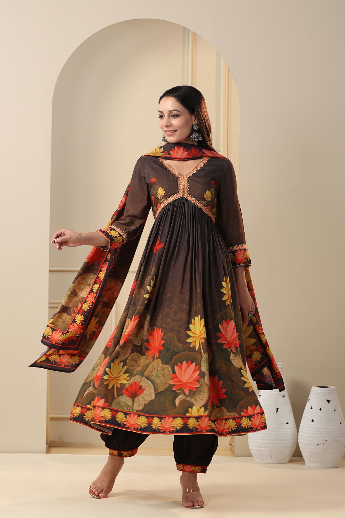 Black Floral Muslin Printed Anarkali Suit