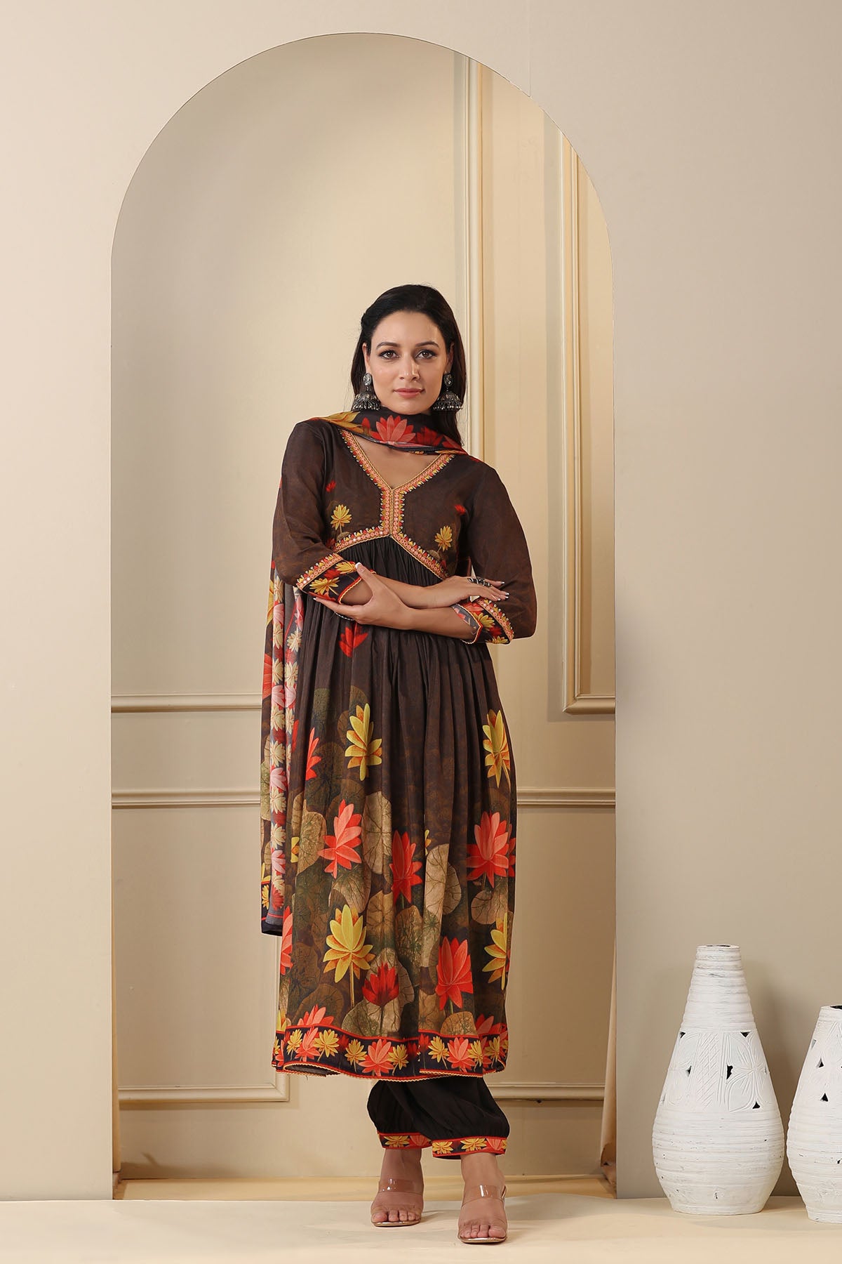 Black Floral Muslin Printed Anarkali Suit