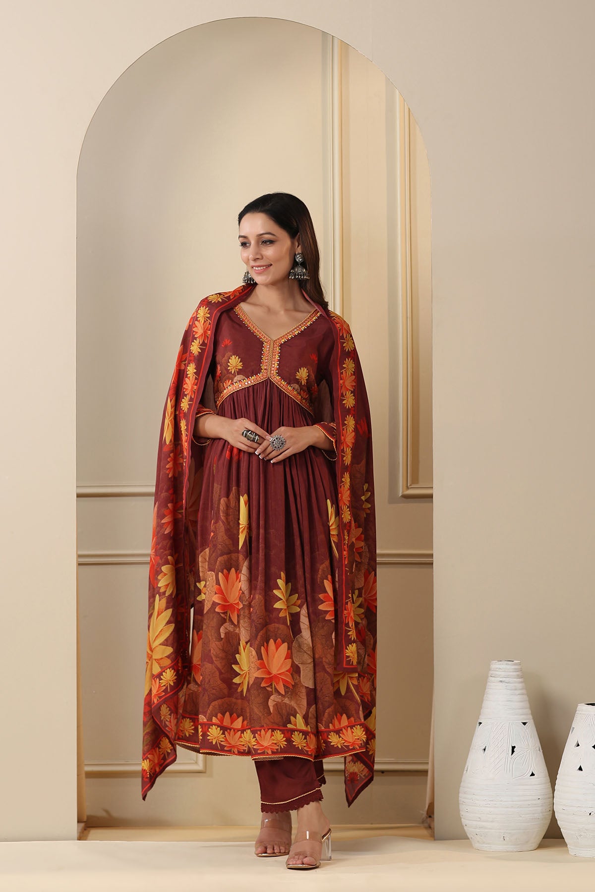 Maroon Floral Muslin Printed Anarkali Suit