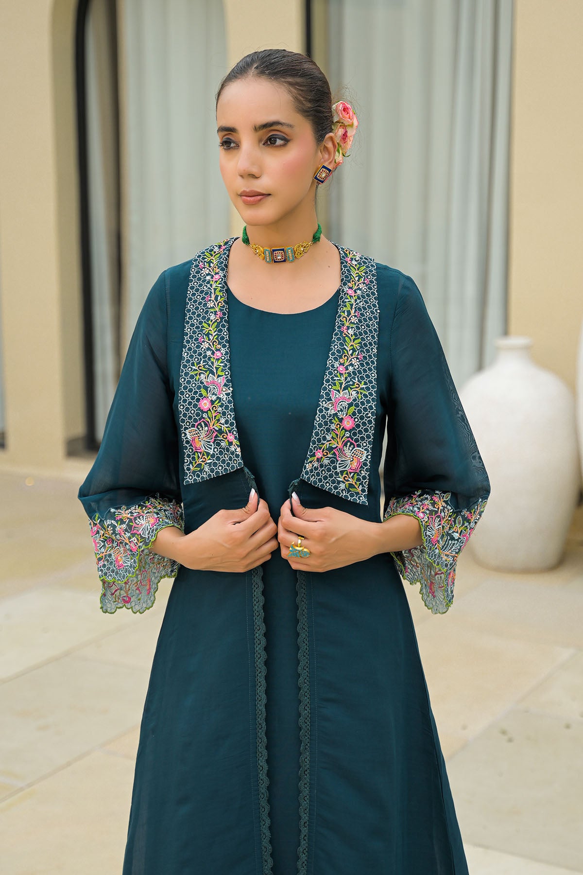 Turquoise Mul Chanderi Embroidered Shrug Set