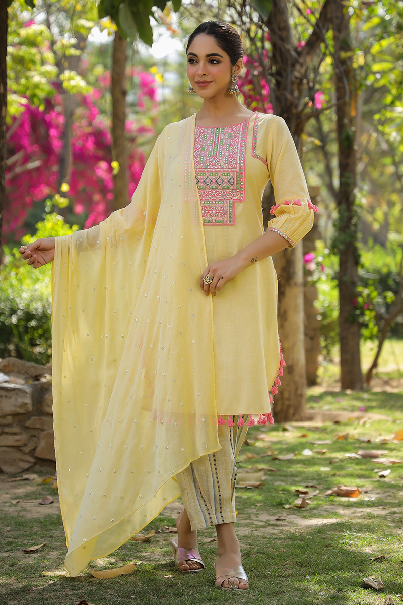 Soft Yellow Embroidered Cotton Suit Set
