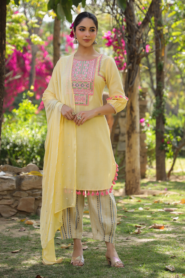 Soft Yellow Embroidered Cotton Suit Set