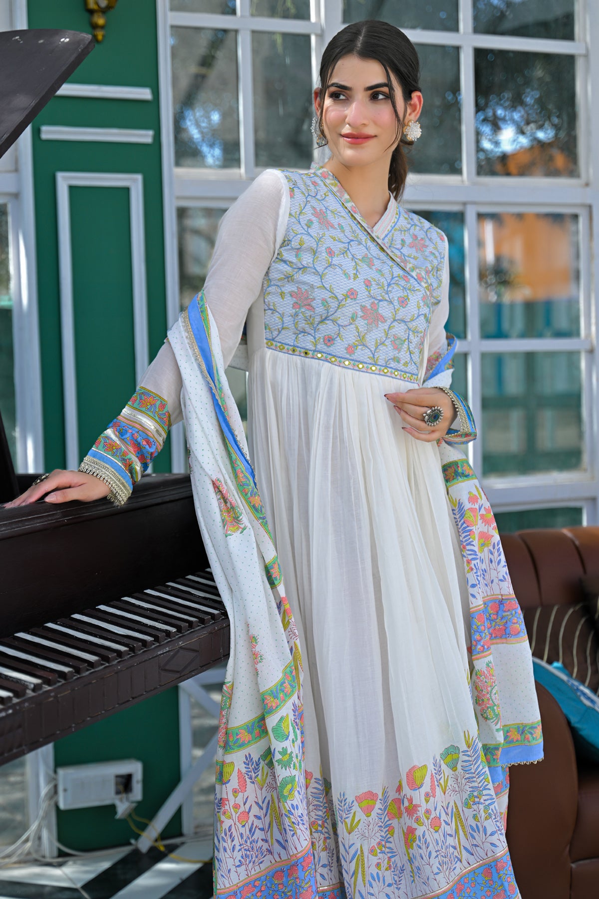 Blue Mul Mul Embroidered Gown Set