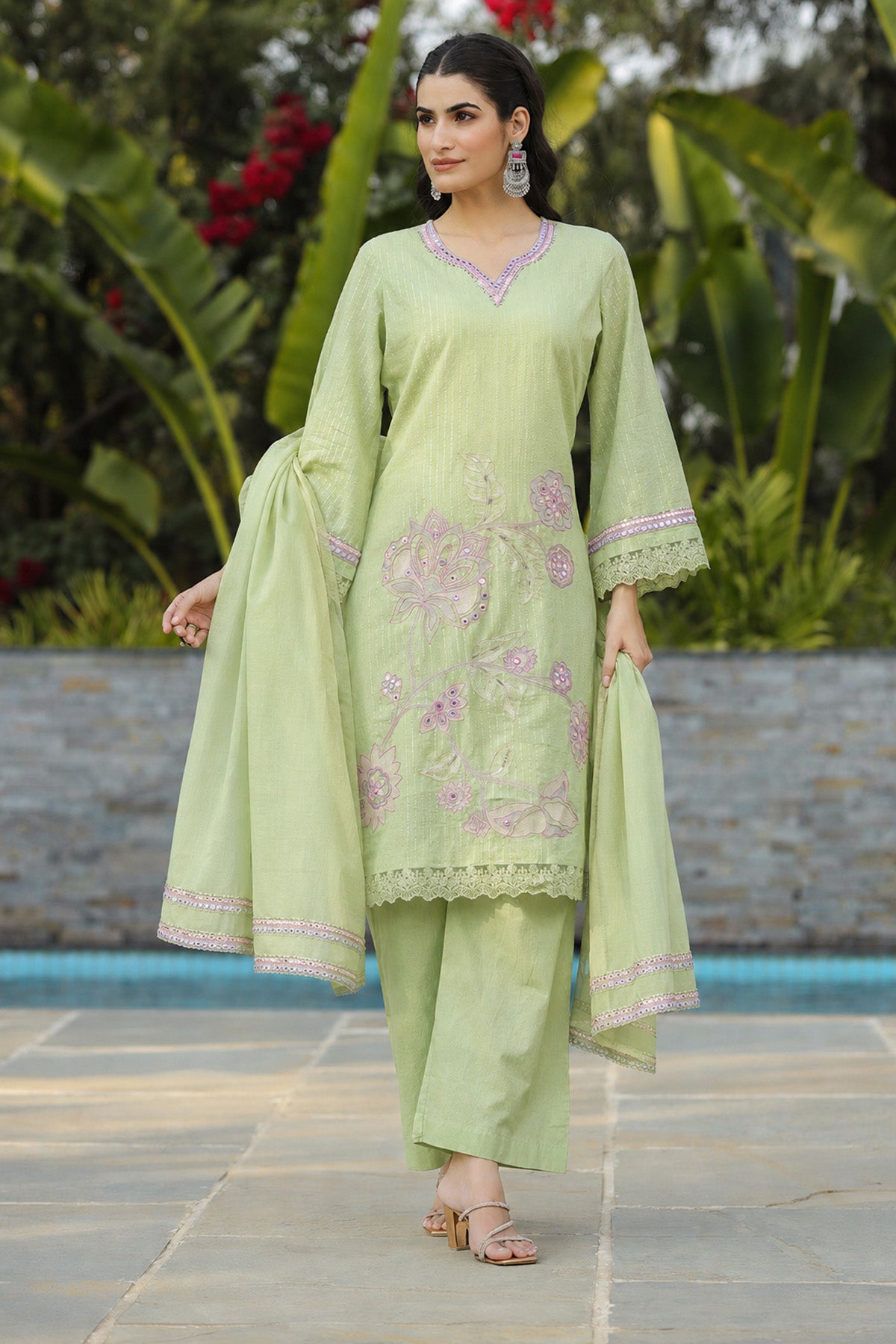 Green Cotton Embroidered Kurta Set With Dupatta