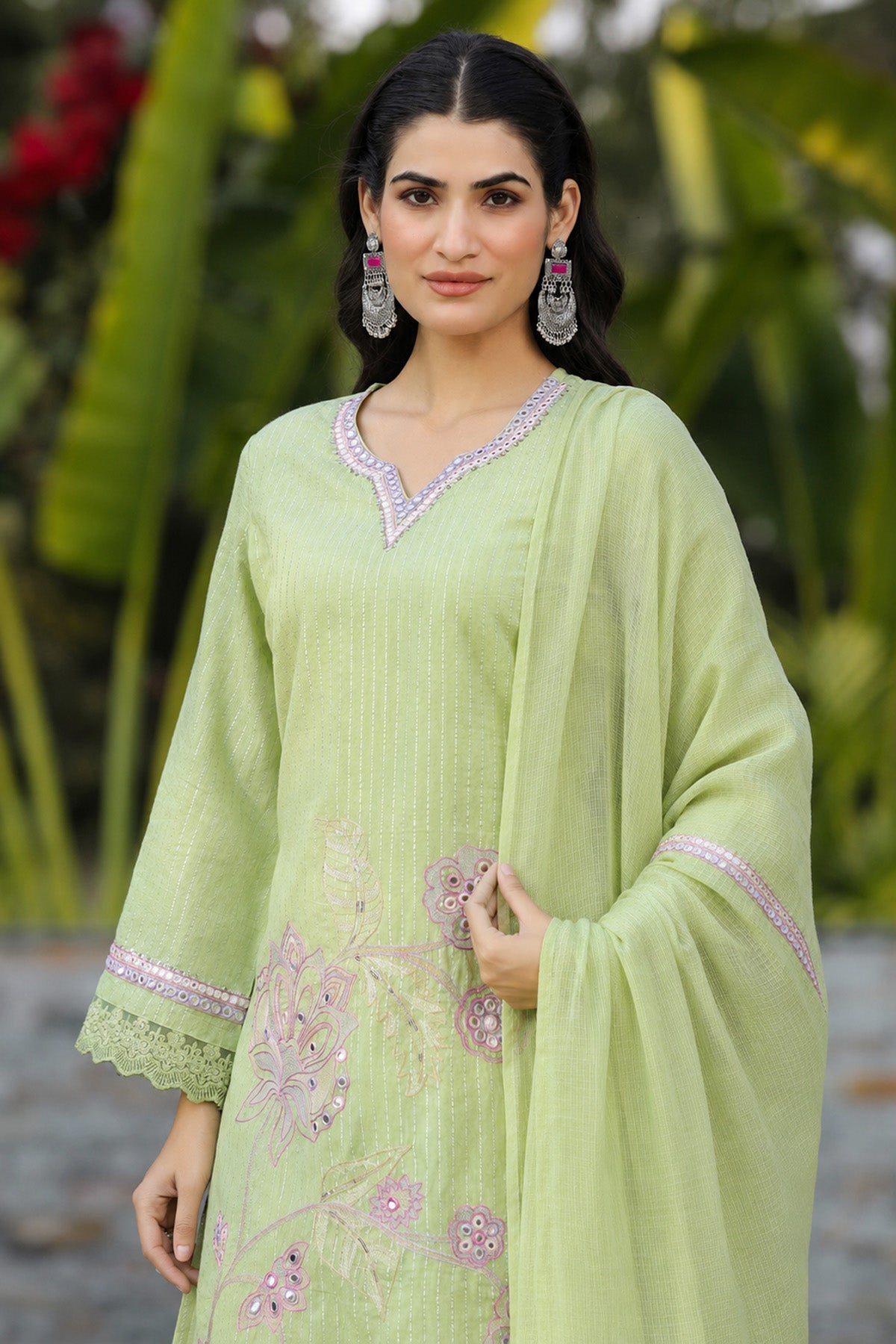 Green Cotton Embroidered Kurta Set With Dupatta