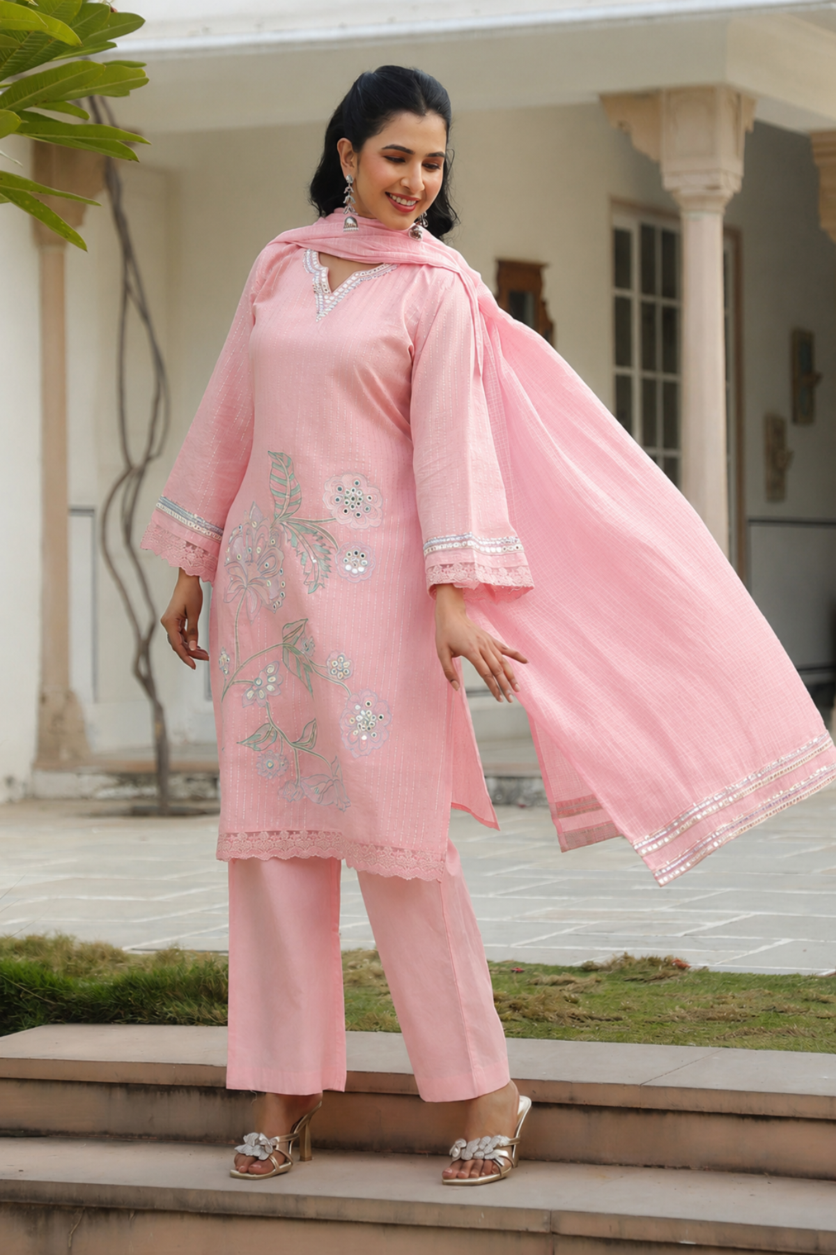 Pink Cotton Embroidered Kurta Set With Dupatta
