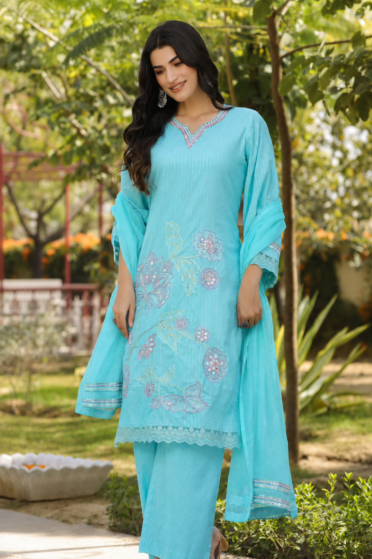 Sky Blue Cotton Embroidered Kurta Set With Dupatta