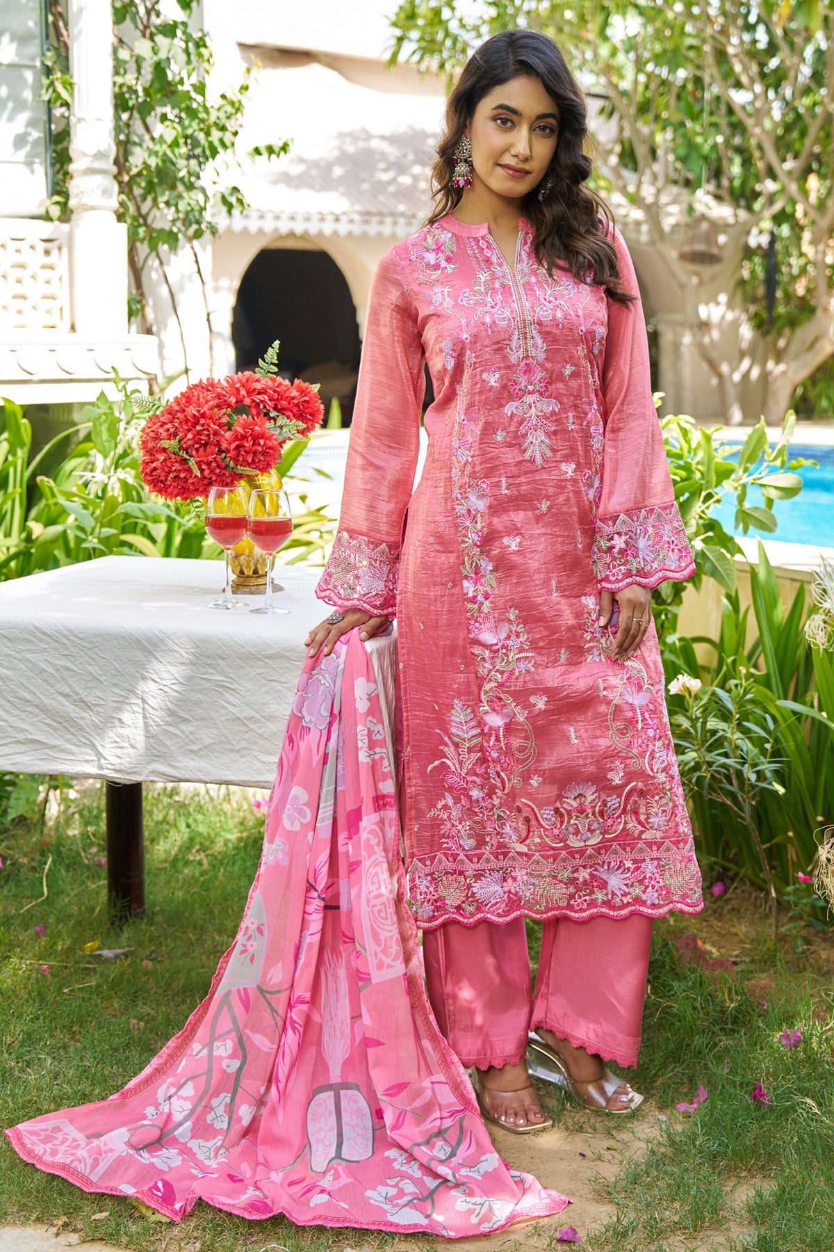 Pink Goldcrush Embroidered Suit Set With Dupatta
