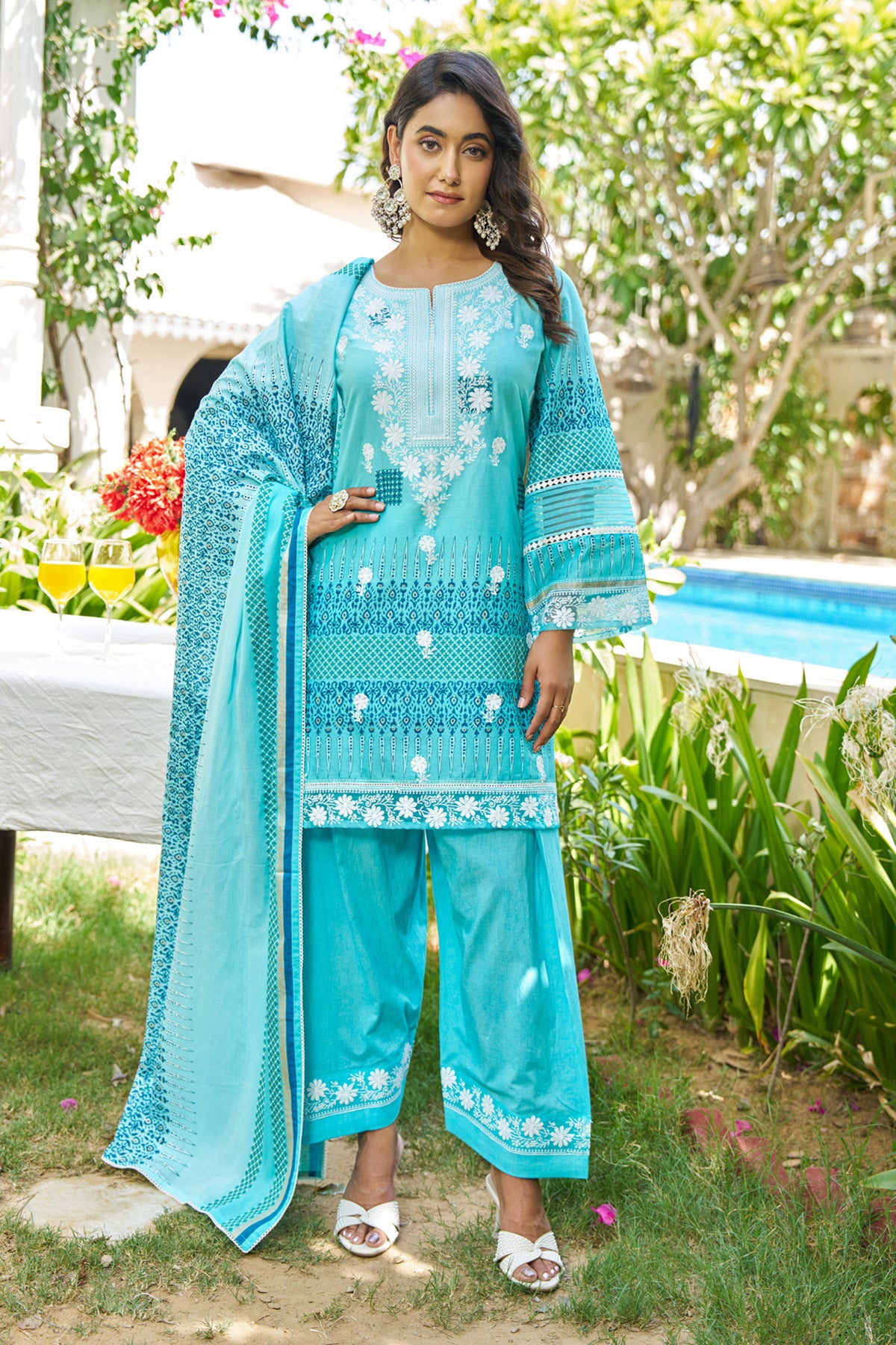 Sky Blue Cotton Handwork Suit Set
