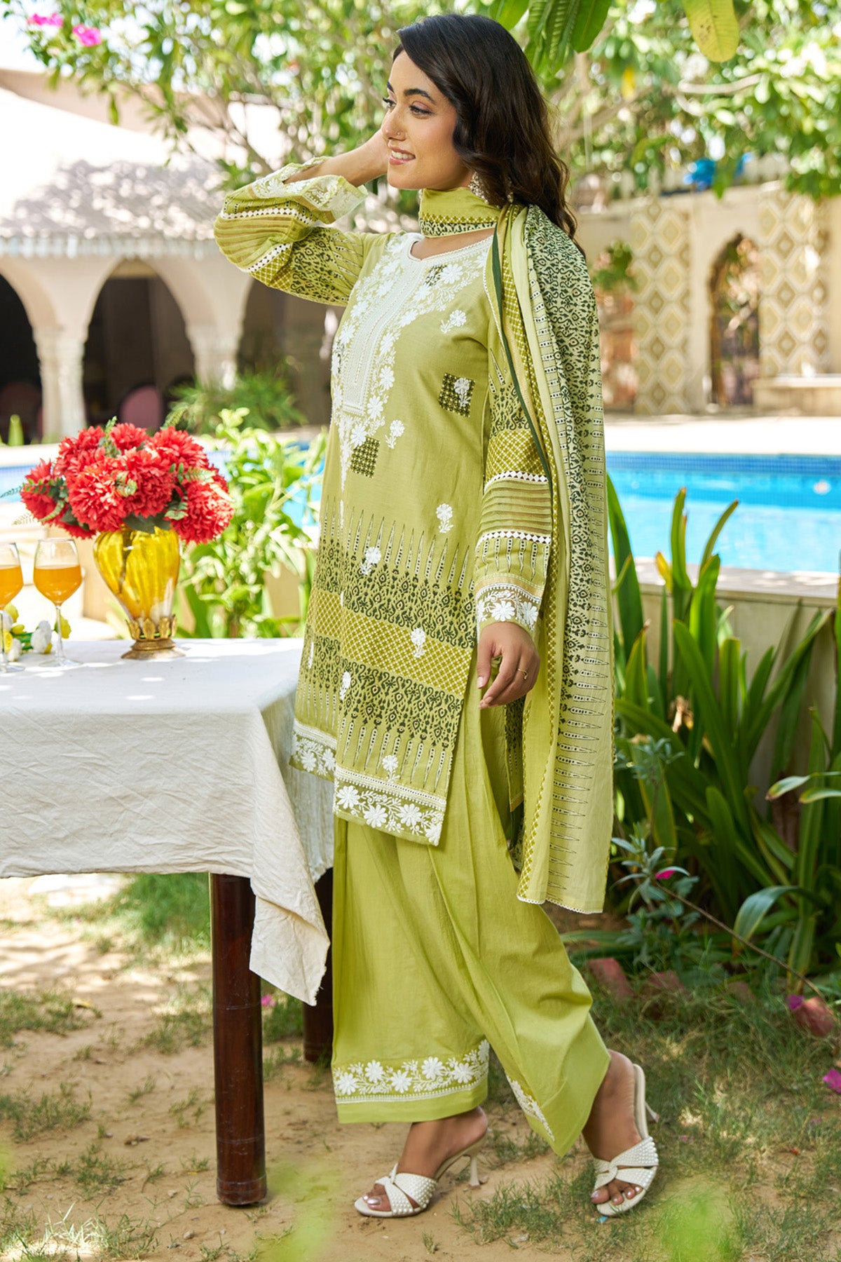 Green Cotton Handwork Suit Set