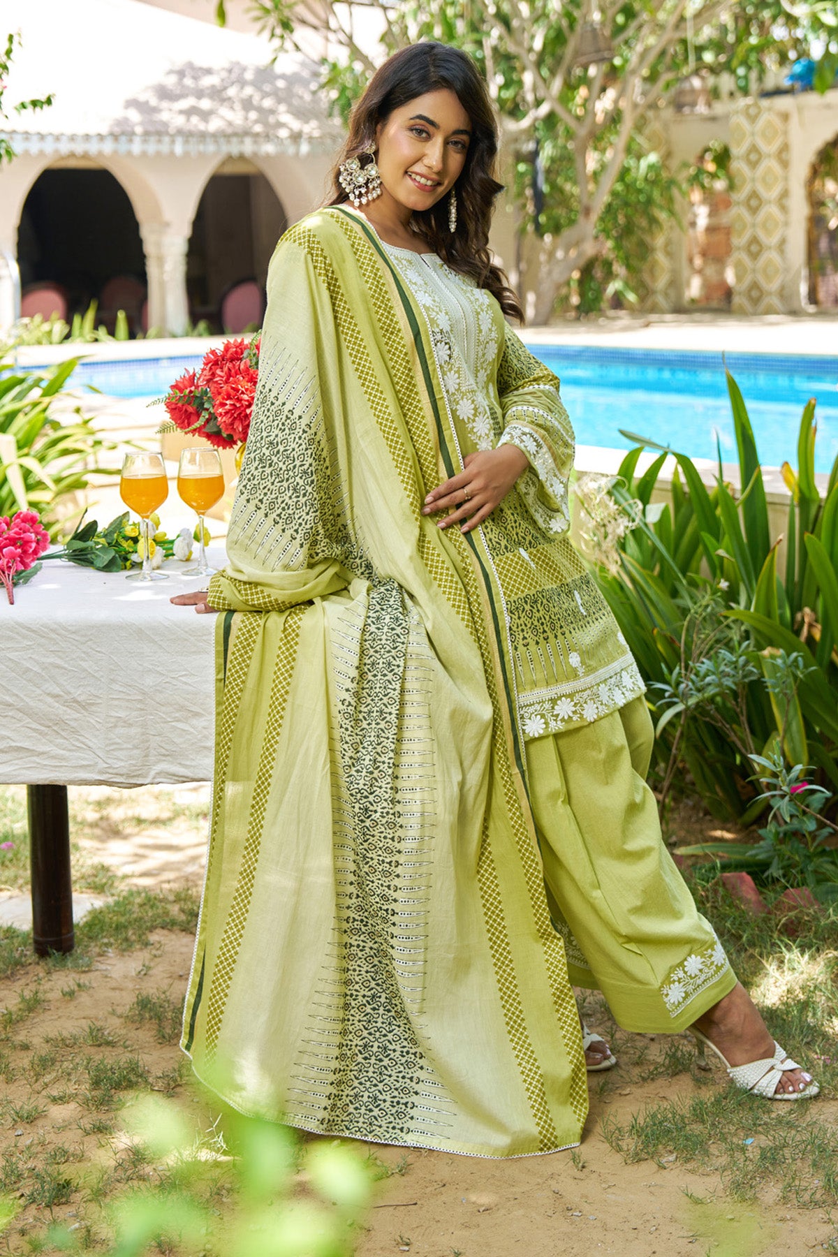 Green Cotton Handwork Suit Set