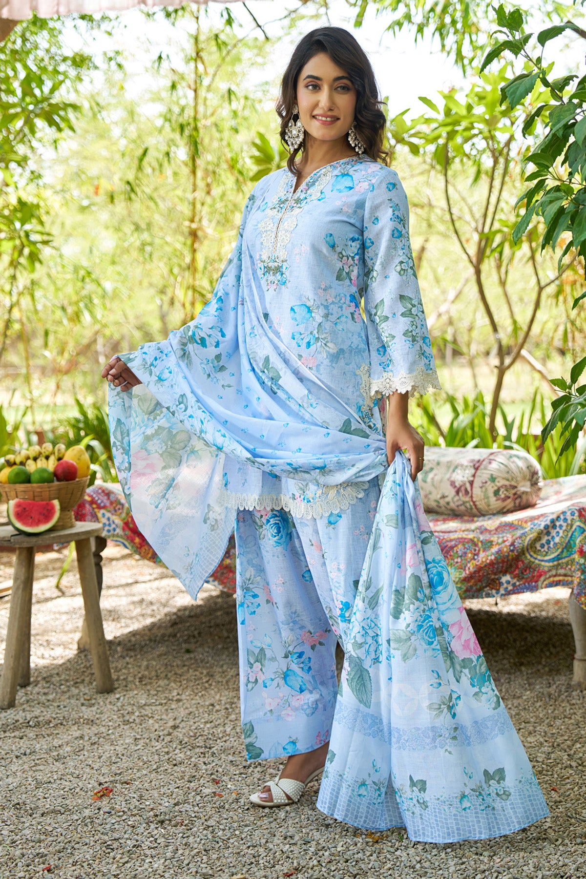 Sky Blue linen embroidered Farshi Suit Set With Dupatta