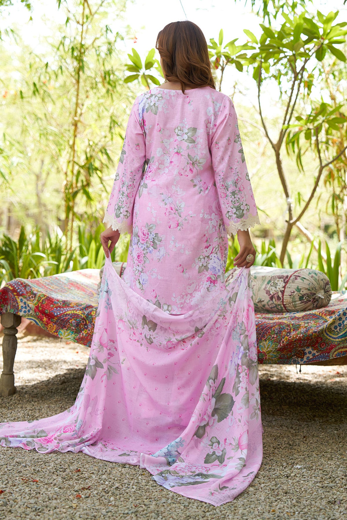 pink linen embroidered Farshi Suit Set With Dupatta