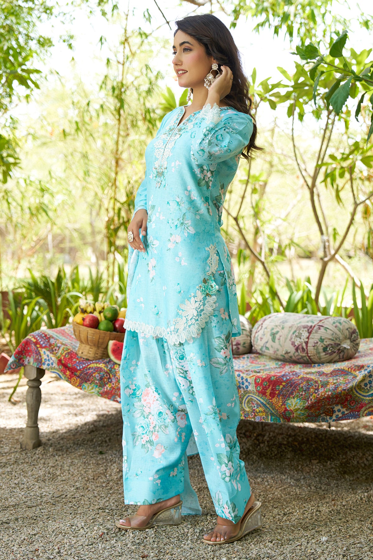 Aqua Blue linen embroidered Farshi Suit Set With Dupatta