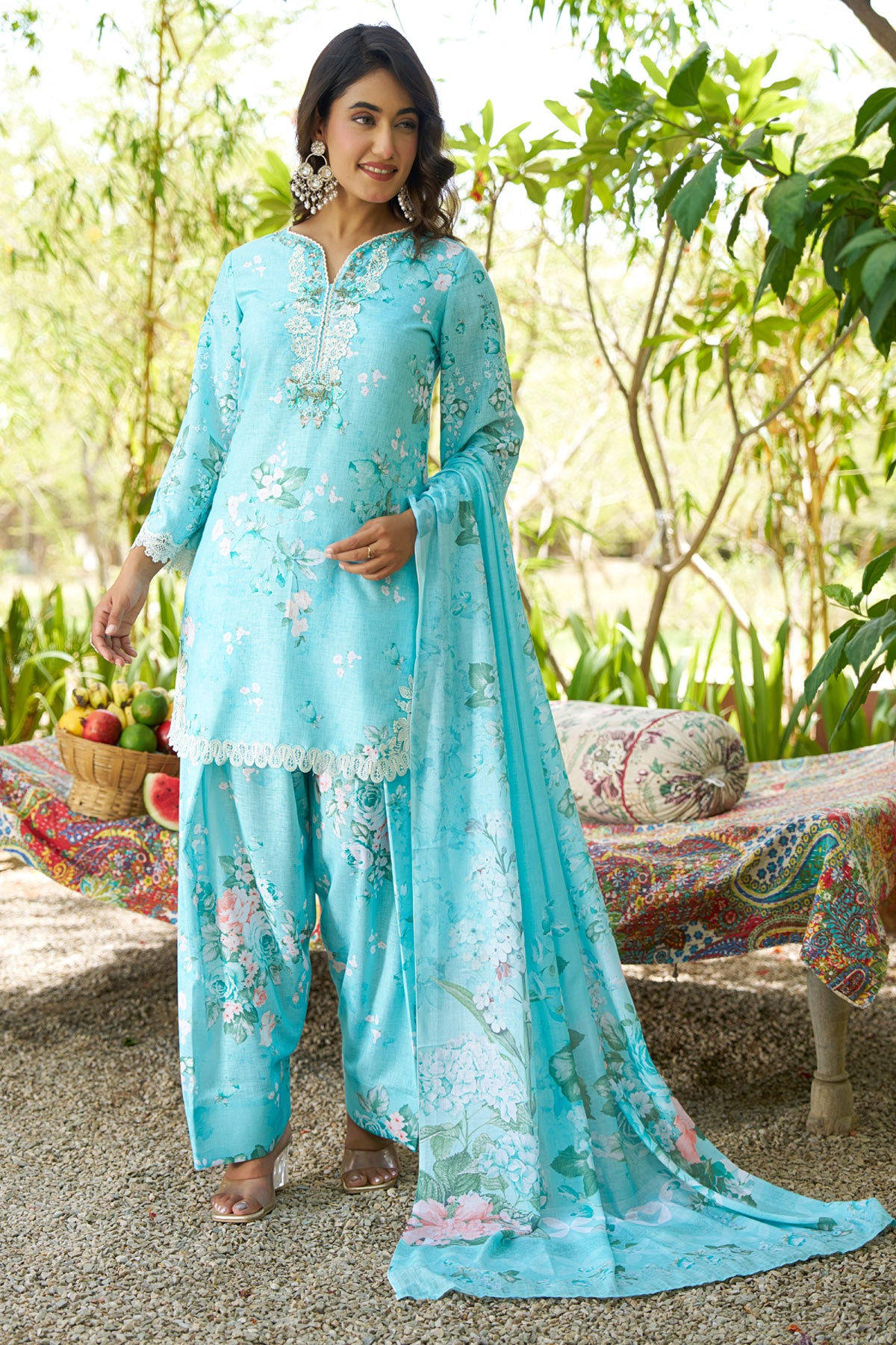Aqua Blue linen embroidered Farshi Suit Set With Dupatta