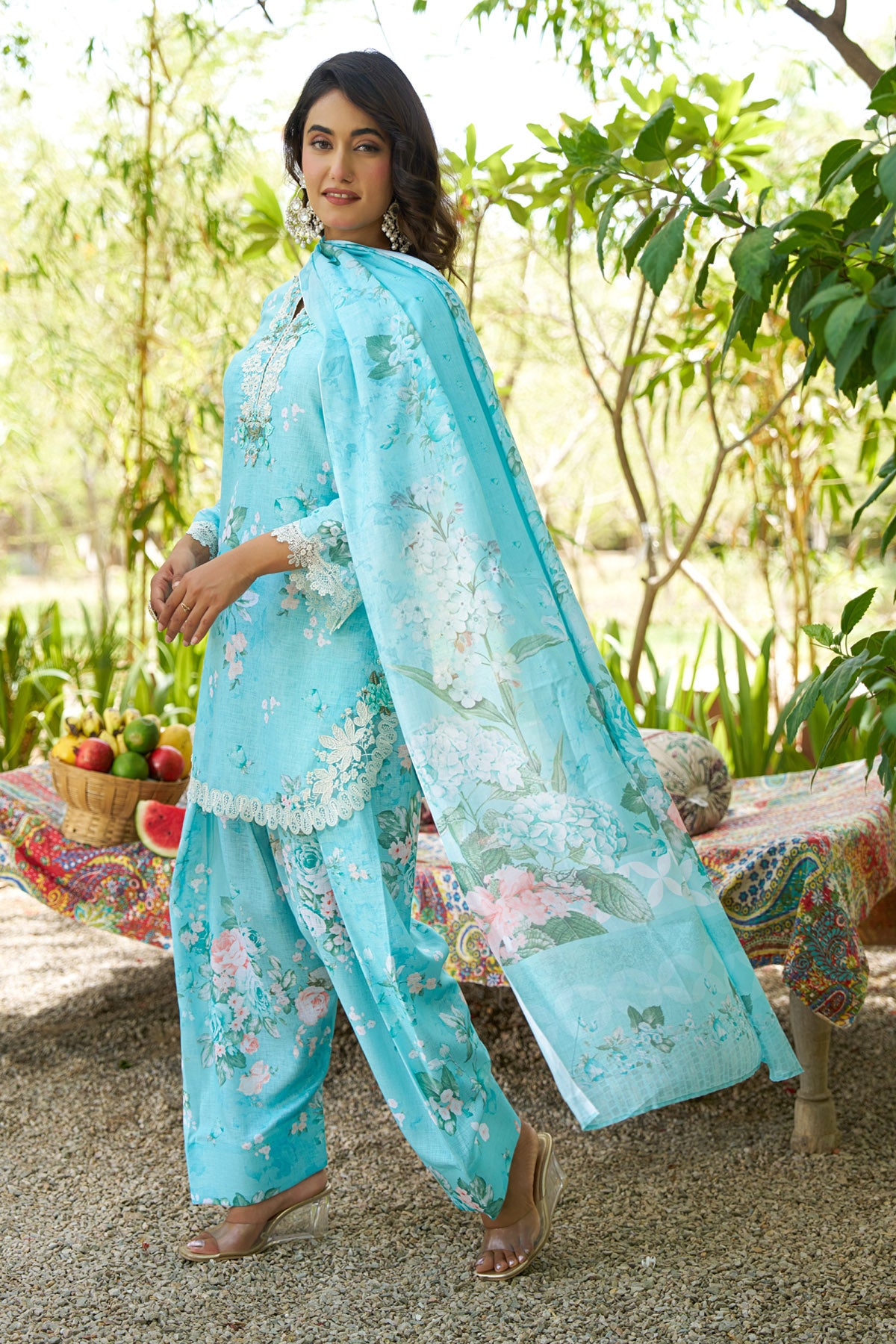 Aqua Blue linen embroidered Farshi Suit Set With Dupatta