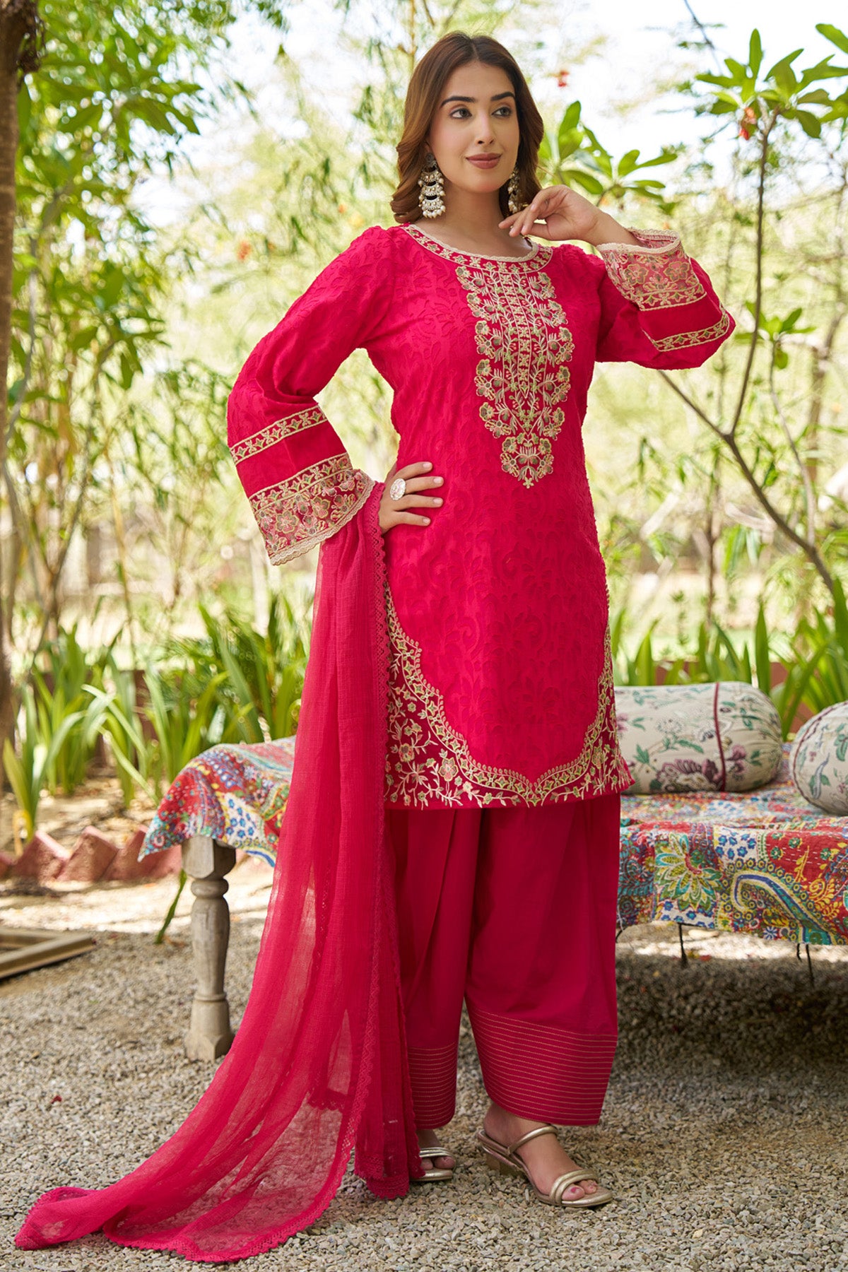 Red cotton embroidered Farshi Suit Set With Dupatta