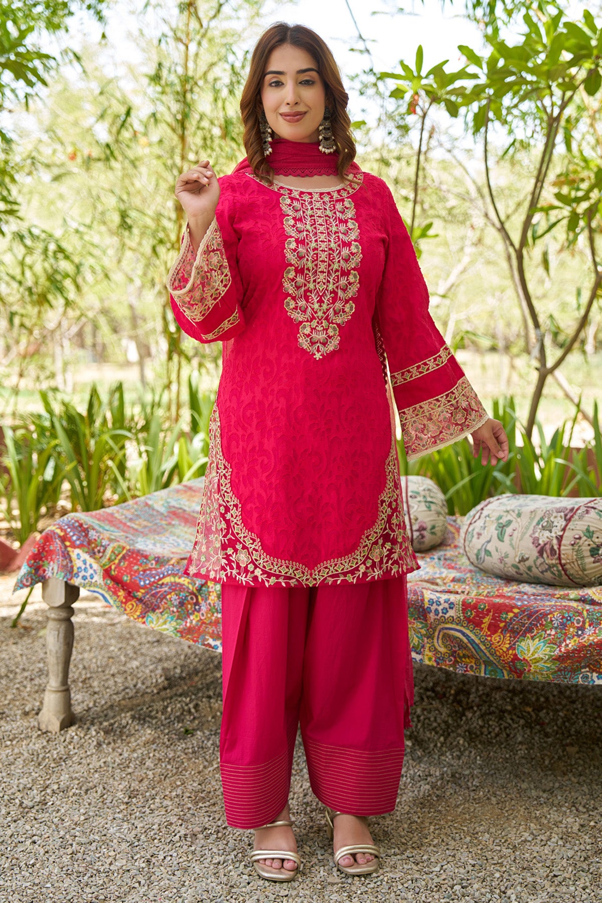 Red cotton embroidered Farshi Suit Set With Dupatta