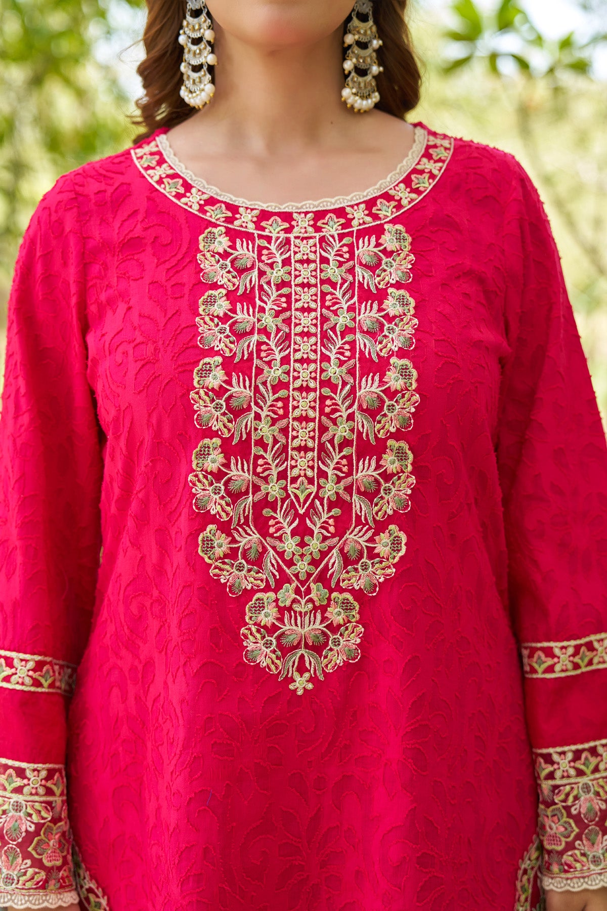 Red cotton embroidered Farshi Suit Set With Dupatta