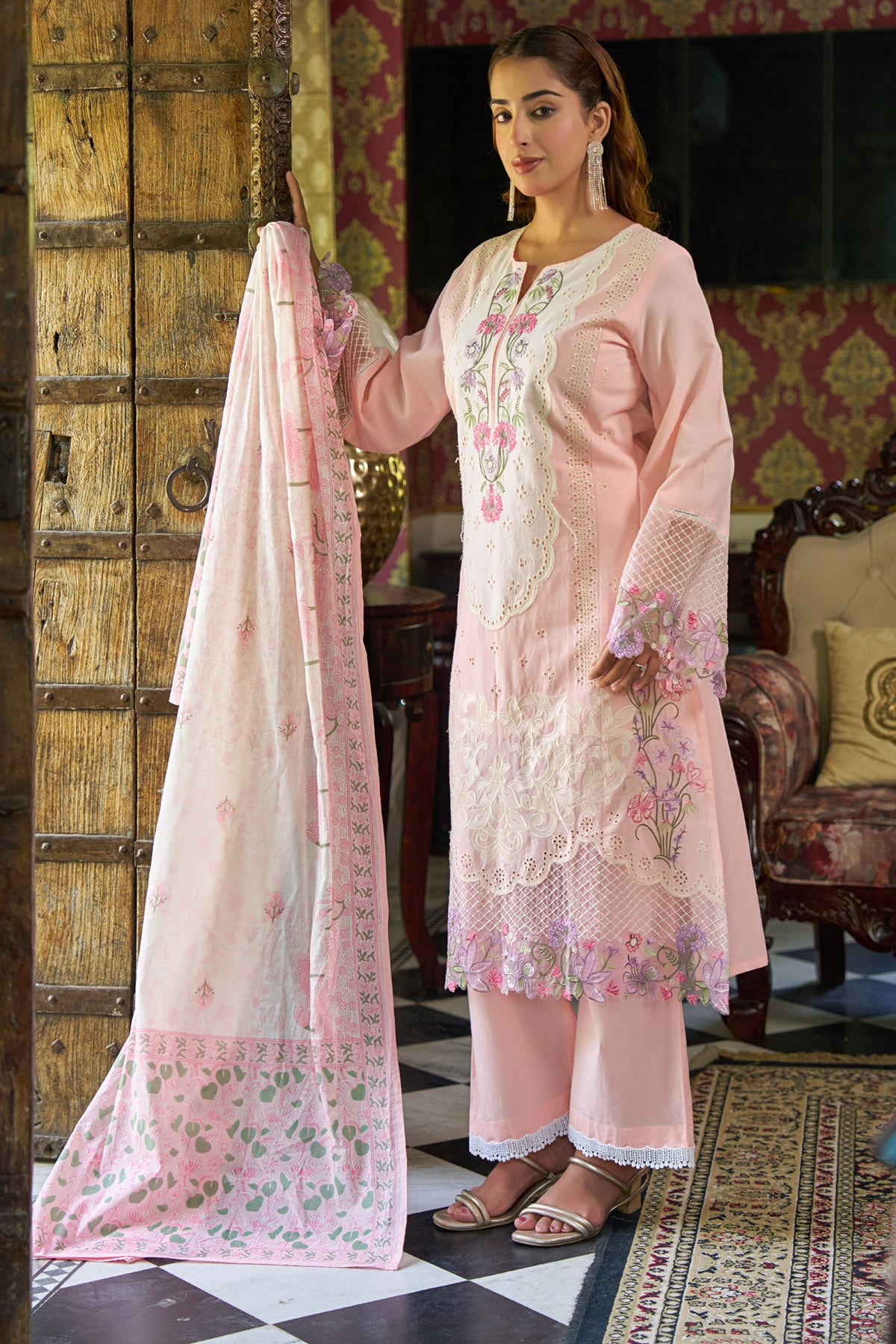 Pink Cotton Embroidered Suit Set